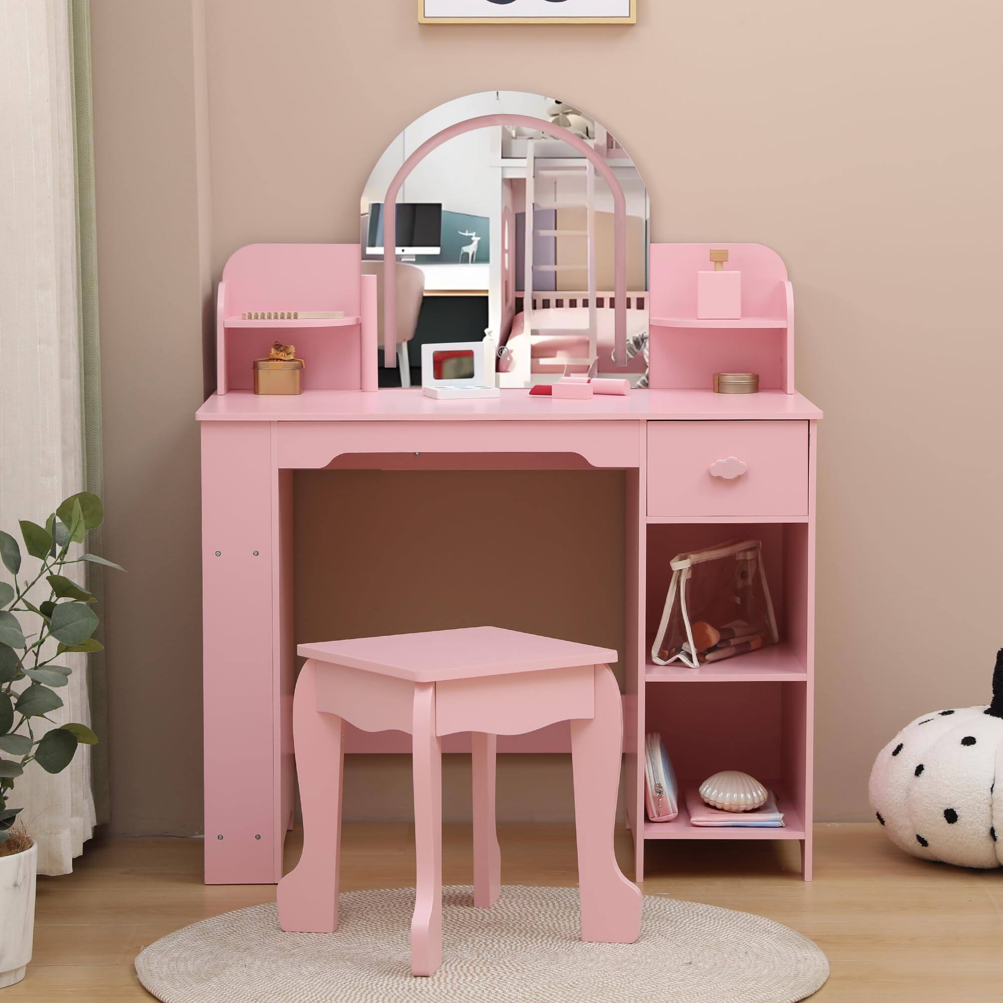 Angle. Jojoka - Kids Vanity with Lighted Mirror & Stool, Girls Makeup Table with Bookshelf, Drawer & Shelves for Ages 3–9 - Pink.