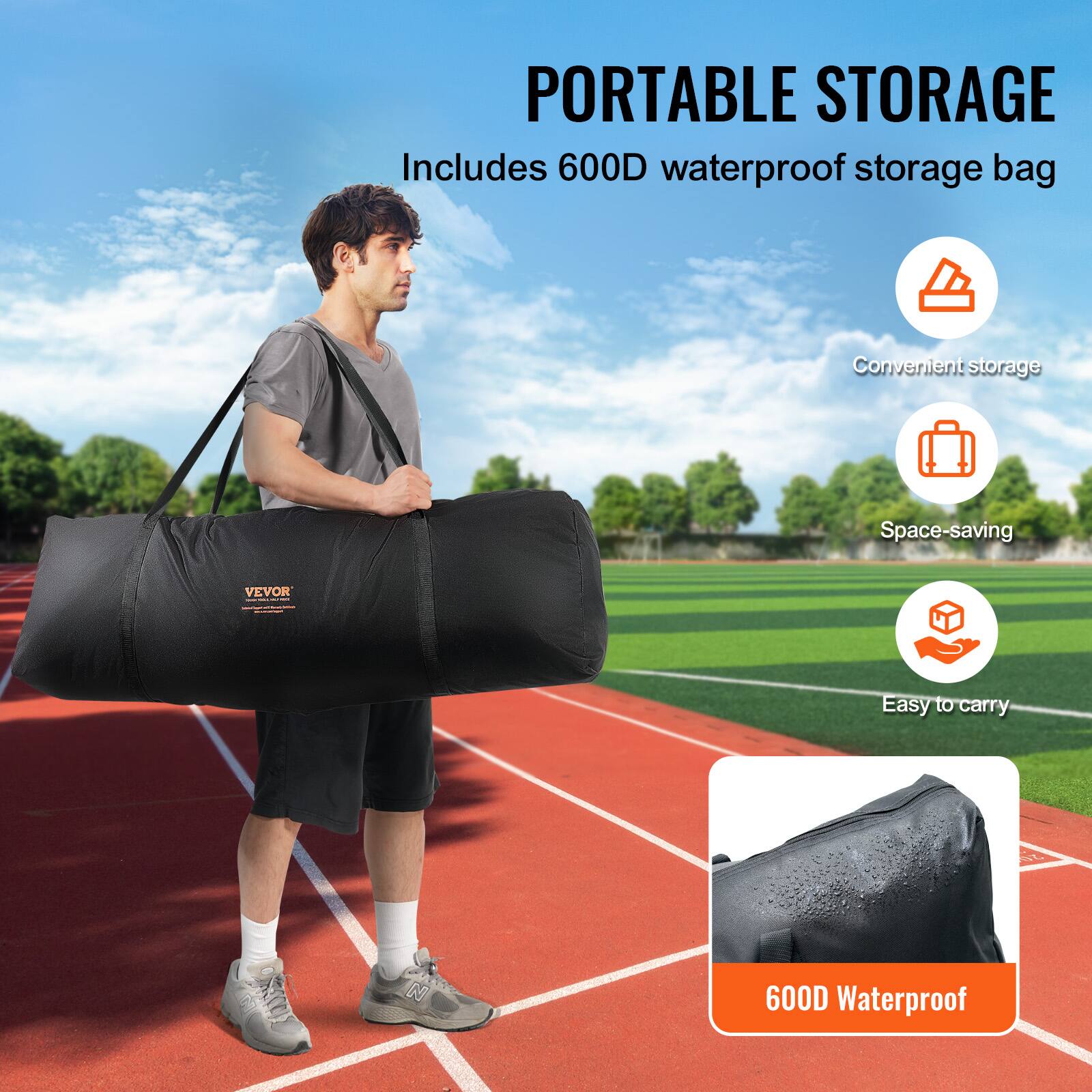 PORTABLE STORAGE  
Includes 600D waterproof storage bag  

- Convenient storage  
- Space-saving  
- Easy to carry  

600D Waterproof