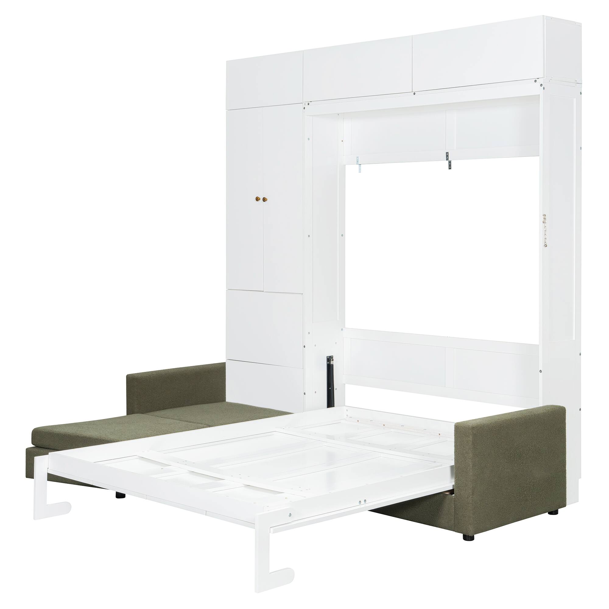 Alt View 4. Anysun - Queen Size Murphy Bed Wall Bed with Sofa and Shelves,Green Panel - White.