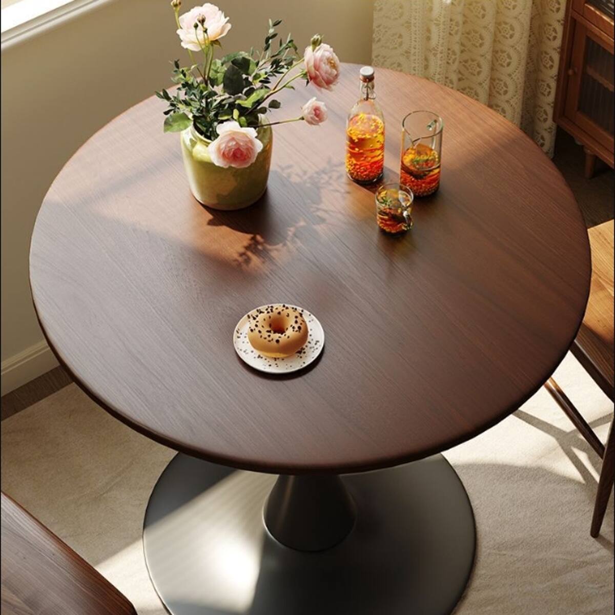 Alt View 7. Loheer - Loheer Walnut Round Dining Table, Mid-Century Modern 24 Inch MDF Top with Metal Pedestal - Walnut.