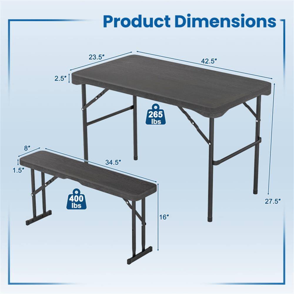 Product Dimensions:  
- Table: 23.5" x 42.5" x 2.5"  
- Bench: 34.5" x 16" x 1.5"  
- Weight Capacity: 265 lbs (Table), 400 lbs (Bench)