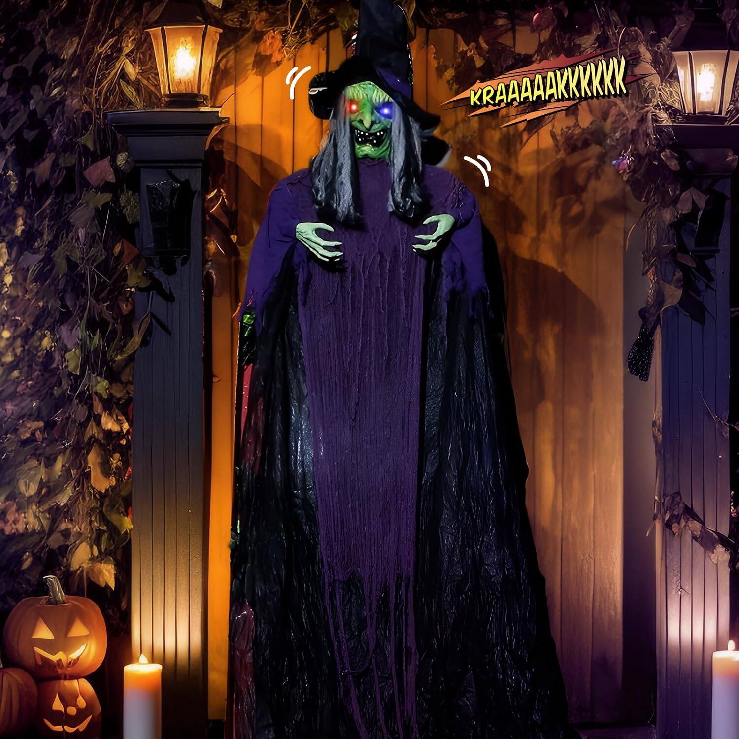 Alt View 5. Winado - 12FT Halloween Giant Hanging Witch with Horror Scream, Light Scary Prop for Outdoor Holiday Yard Patio Garden Decoration - Dark Purple & Green.
