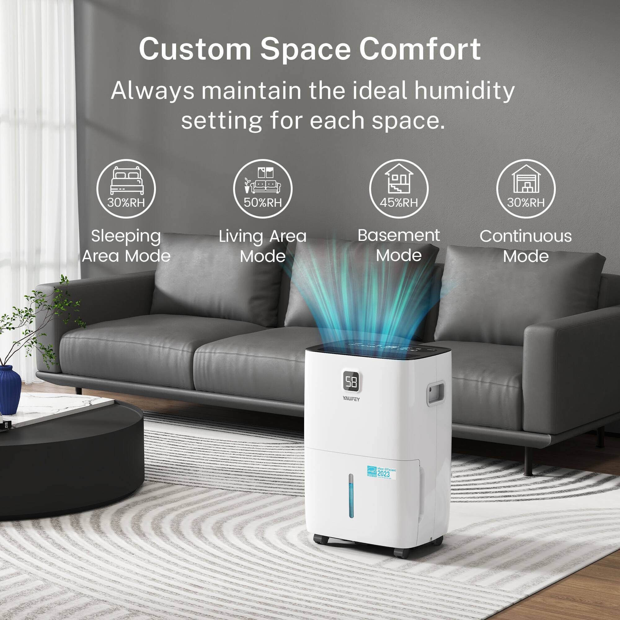 Custom Space Comfort  
Always maintain the ideal humidity setting for each space.  

30%RH  
Sleeping Area Mode  

50%RH  
Living Area Mode  

45%RH  
Basement Mode  

30%RH  
Continuous Mode  

YALPPET  
I - 1 - 23