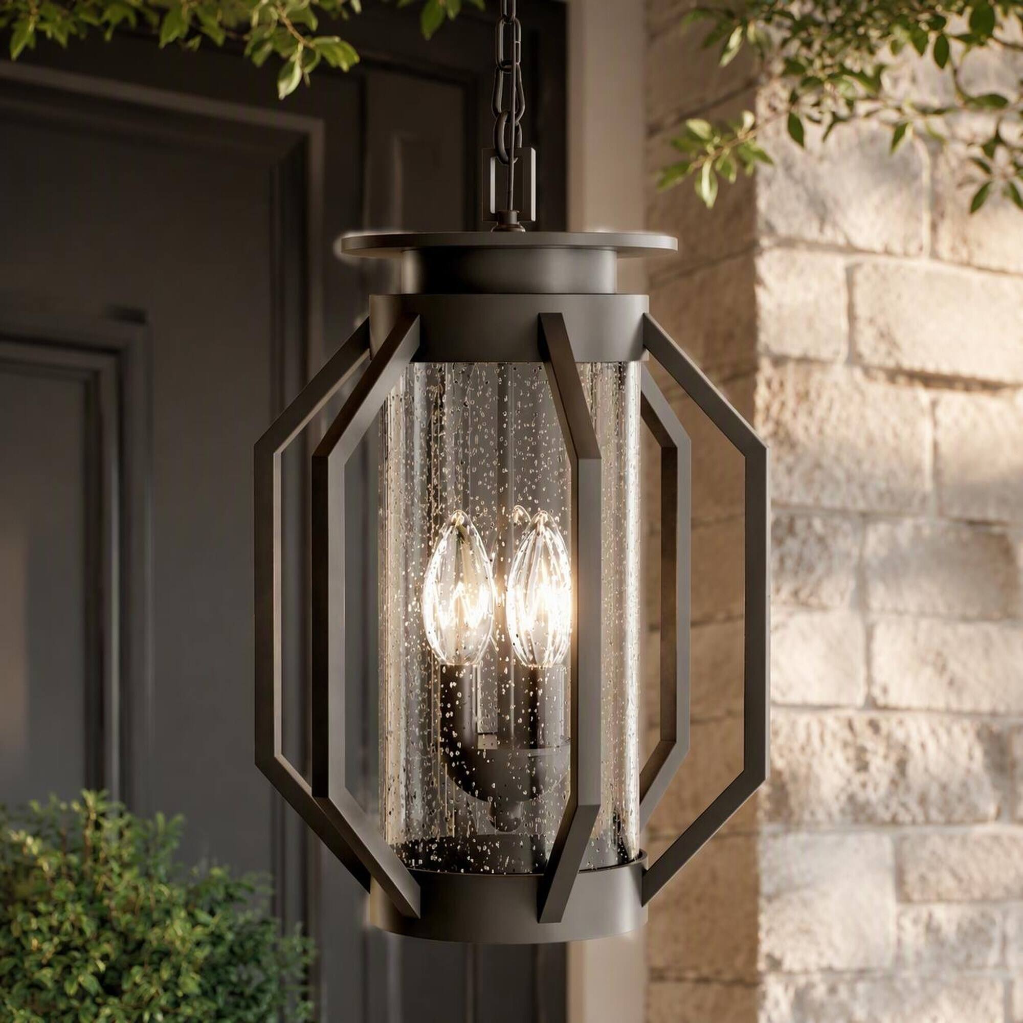 Alt View 1. RYHNUYNE - 3-Light 18 In Oil Rubbed Bronze Outdoor Hanging Lantern, Iron Geometric Frame Seeded Glass Industrial Style - Black.