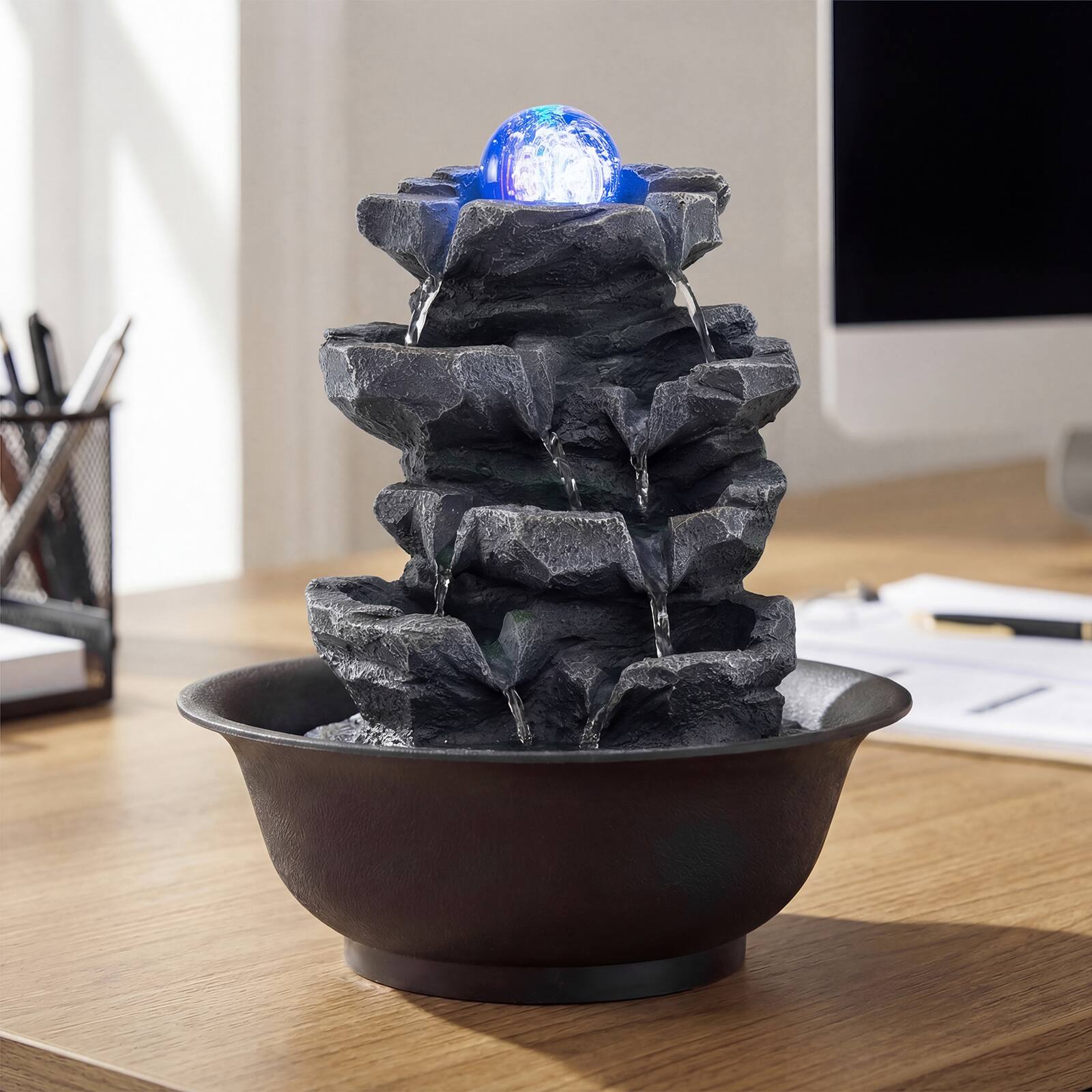 Alt View 5. Gymax - Gymax Tabletop Water Fountain w/Rolling Crystal Ball Color-Changing LED Light Pump - Black.