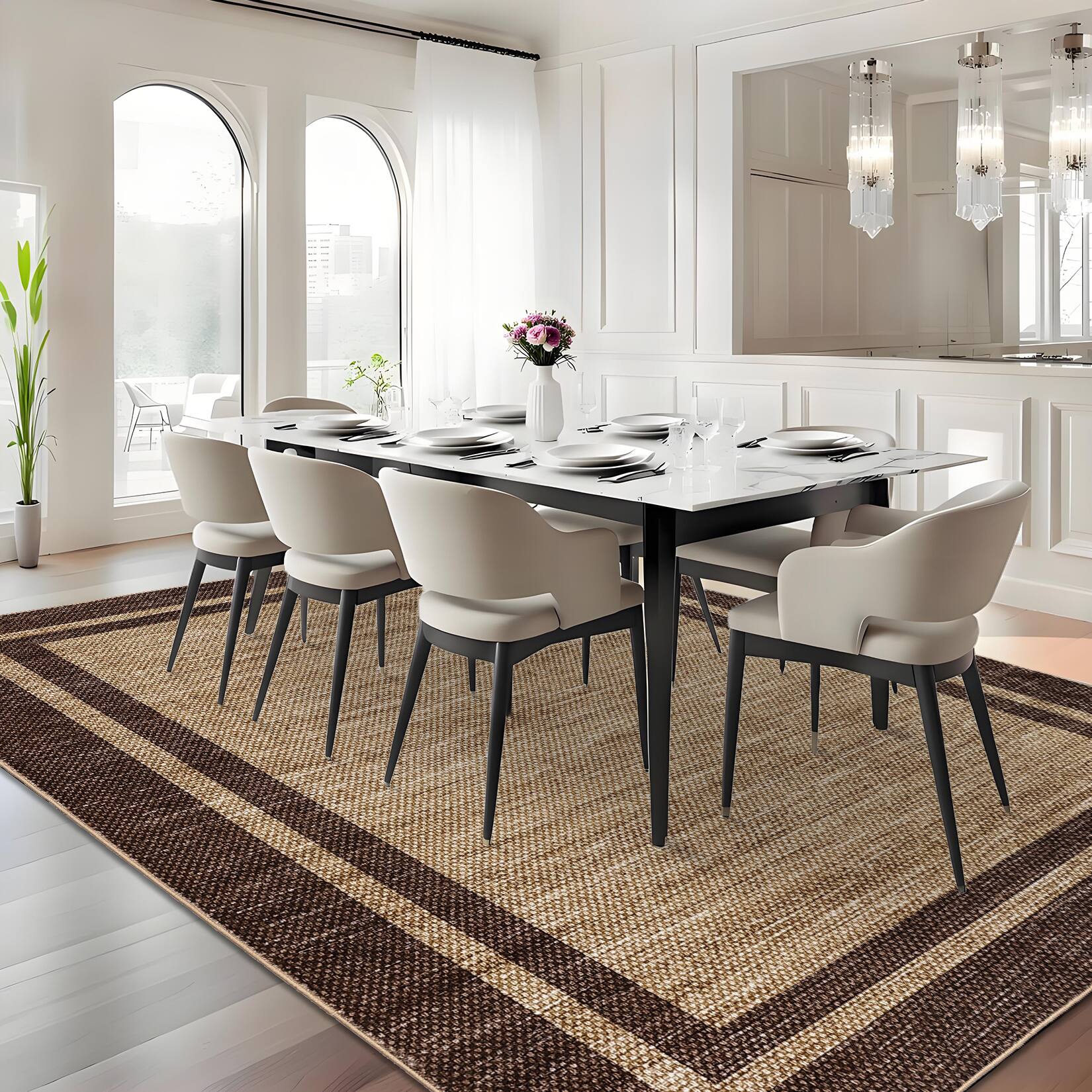 Left. GARVEE - GARVEE Modern Geometric Frame Rug Machine Washable Non Slip Foldable Minimalist Rug for Living Room Bedroom Laundry - Brown.