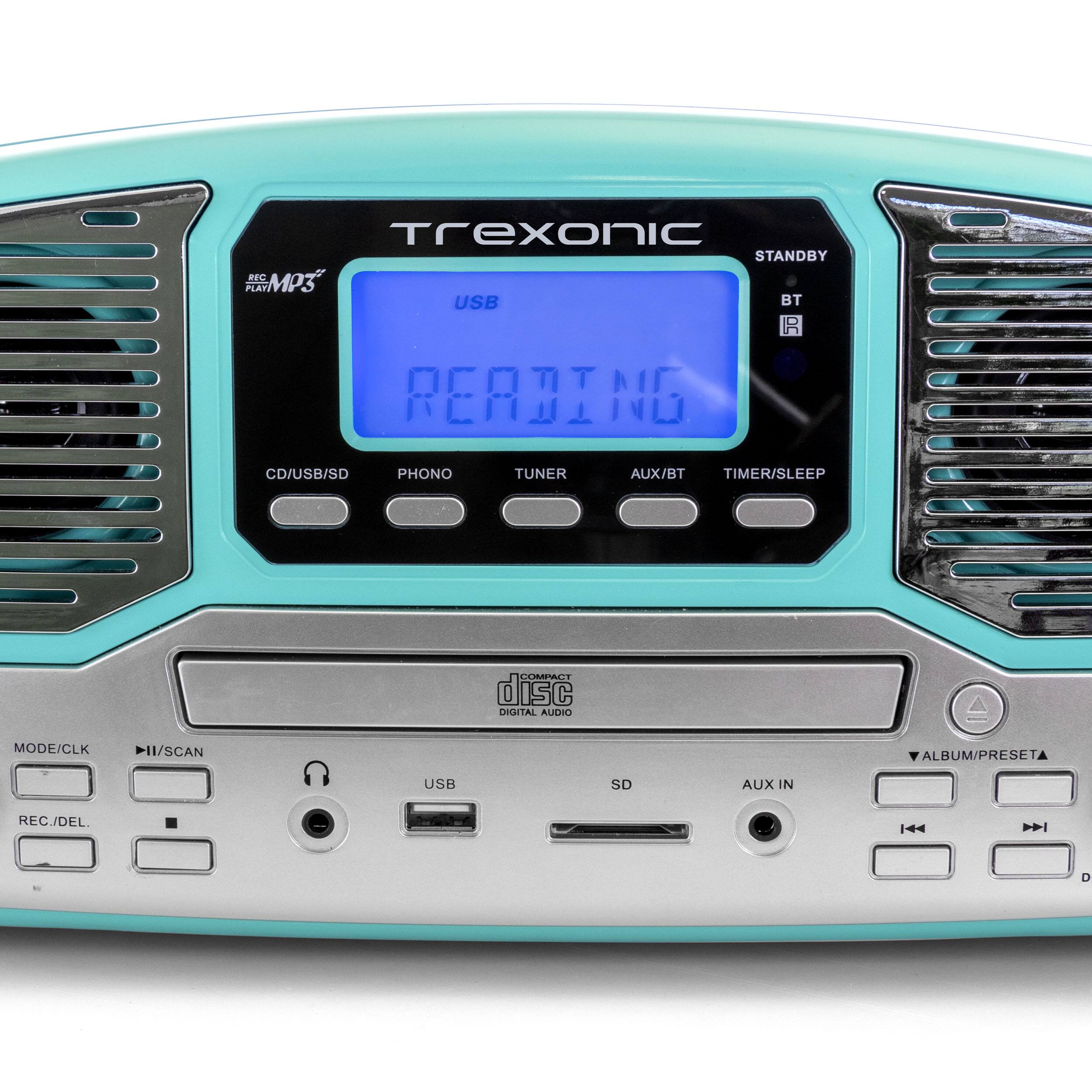Trexonic  
STANDBY  
NEC PLAYS MP3 USB BT  
READING CD/USB/SD  
PHONO TUNER AUX/BT TIMER/SLEEP  
COMPACT disc DIGITAL AUDIO  
MODE/CLK II/SCAN ALBUM/PRESETA  
USB SD AUX IN REC/DEL.  
144 144 D