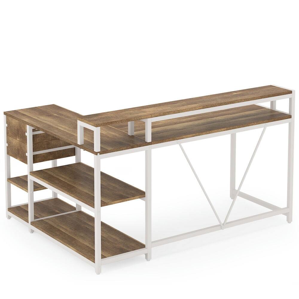 Left. Kadyn - Kadyn Study Writing Desk, Computer Desk,Reversible L-Shaped Desk, Industrial Corner Desk with Drawer & Shelves,Oak - Beige.