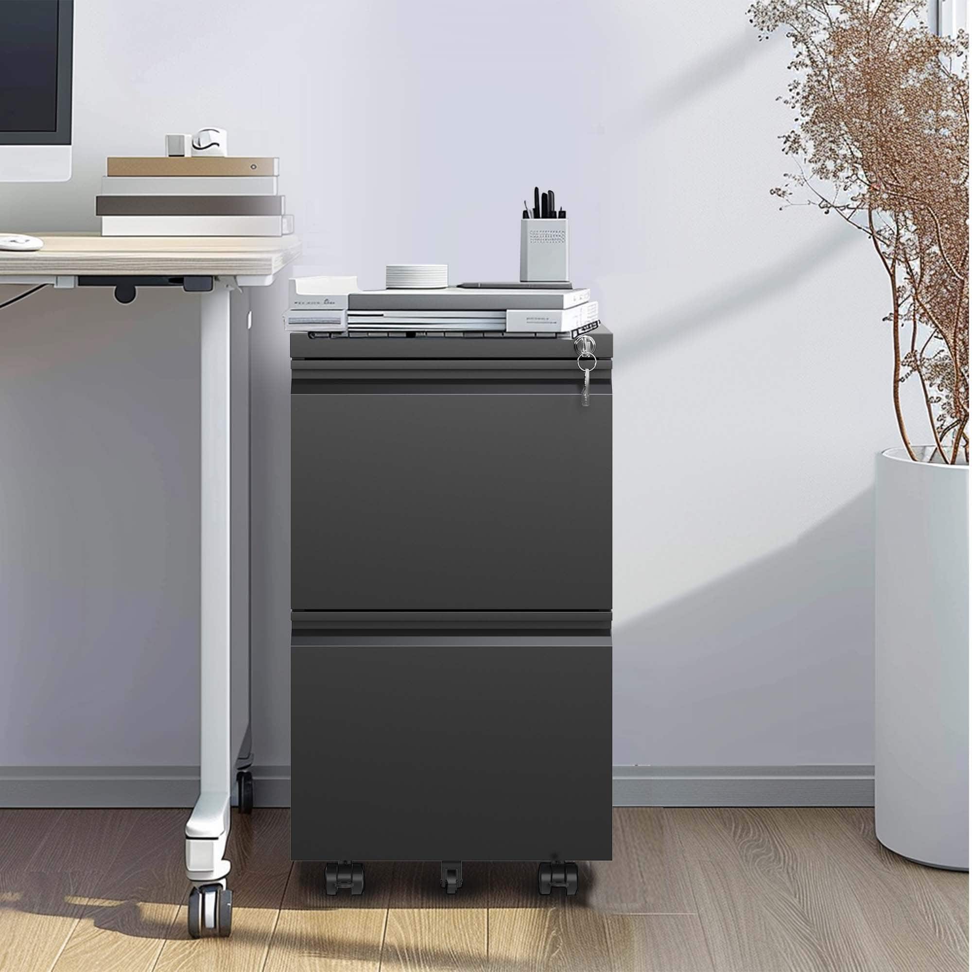 Anysun - Modern 2-Drawer Stylish Practical Rolling File Cabinet with Interlock System - Black