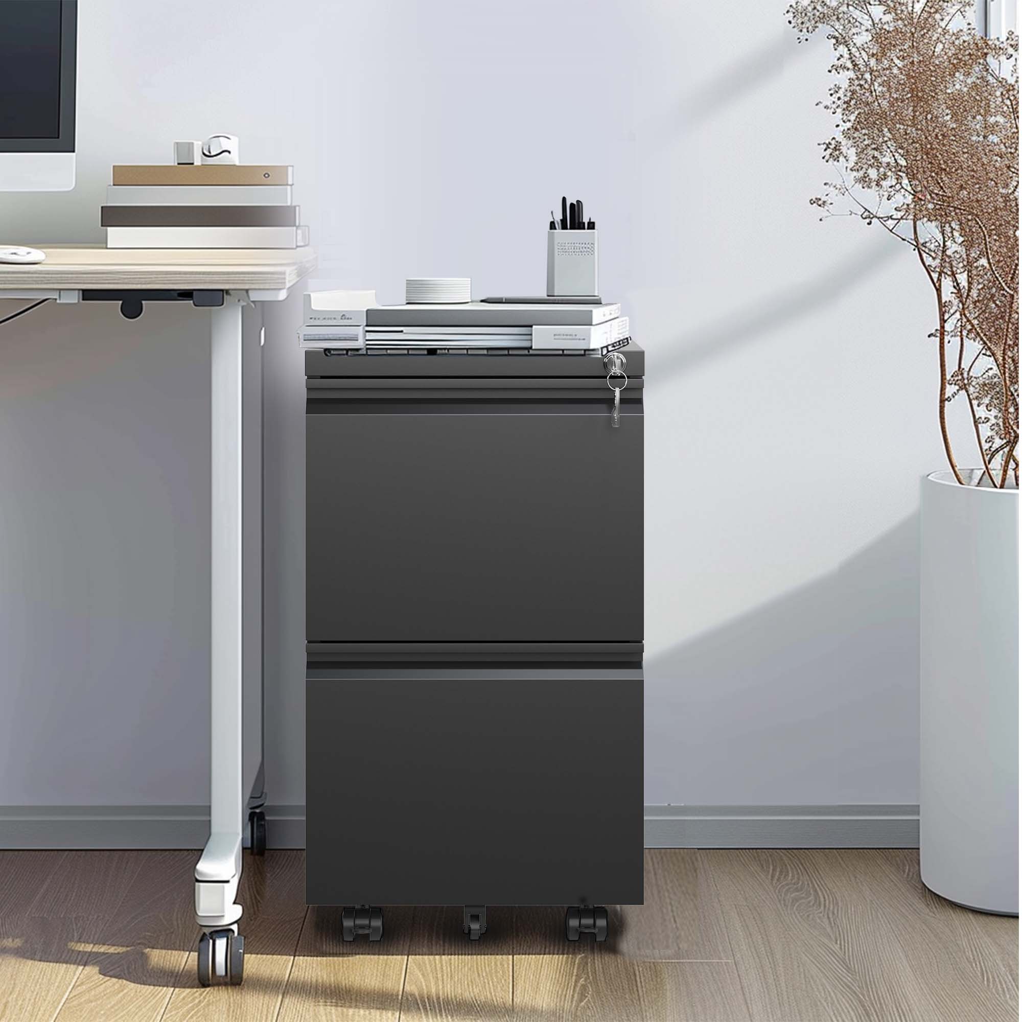 Back. Dexmalle - Dexmalle-2 Drawer Metal Mobile File Cabinet with Lock-Black.