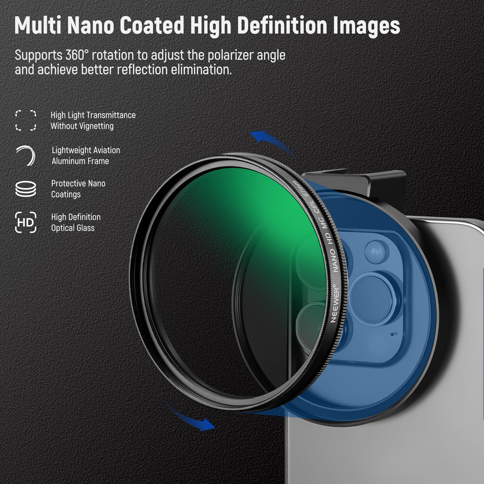 Multi Nano Coated High Definition Images

Supports 360° rotation to adjust the polarizer angle and achieve better reflection elimination.

- High Light Transmittance Without Vignetting
- Lightweight Aviation Aluminum Frame
- Protective Nano Coatings
- High Definition Optical Glass

67mm CP MC HD NANO NEWEER