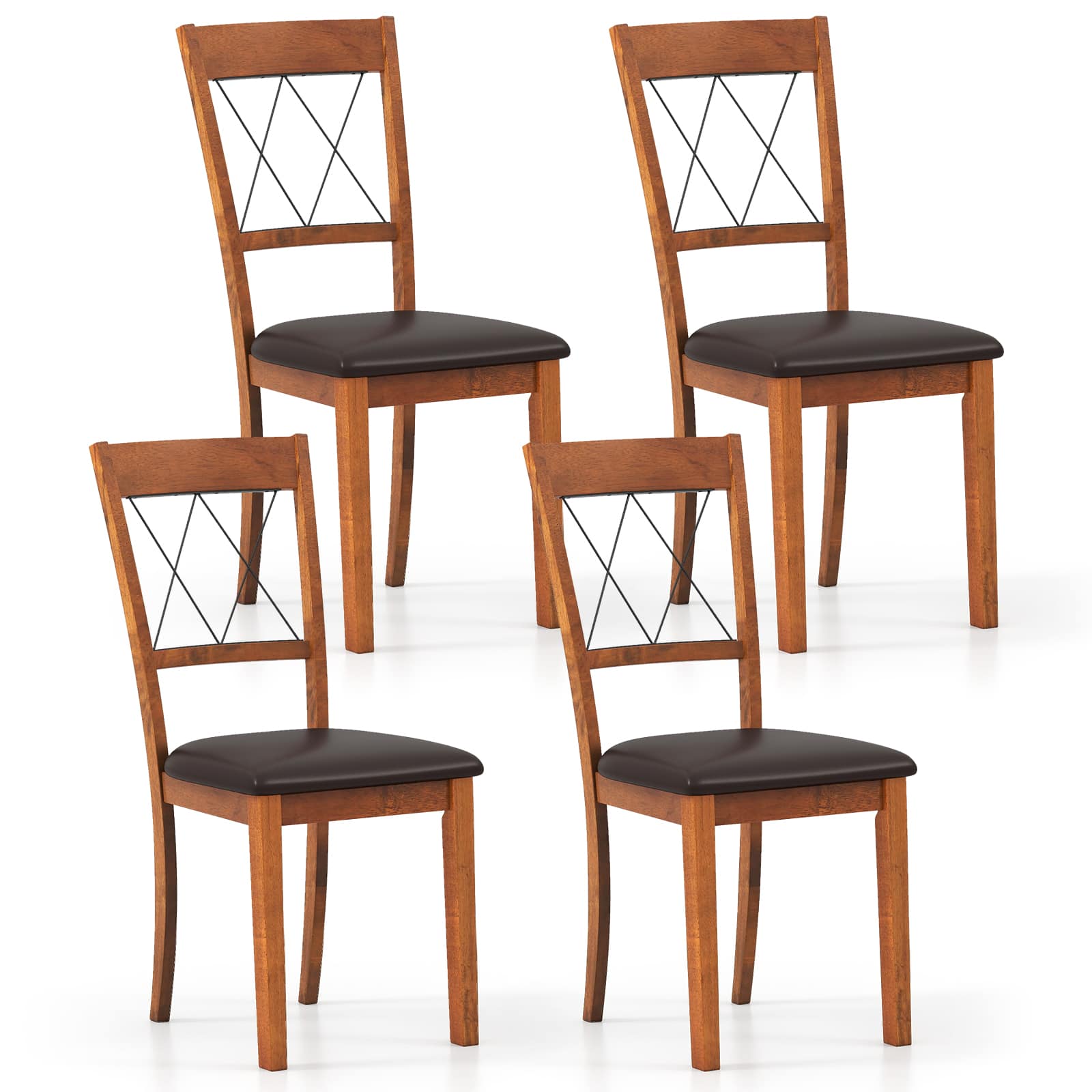 Gymax - Dining Chair Set of 4 w/Rubber Wood Frame Padded Seat Cross Backrest for Room - Brown