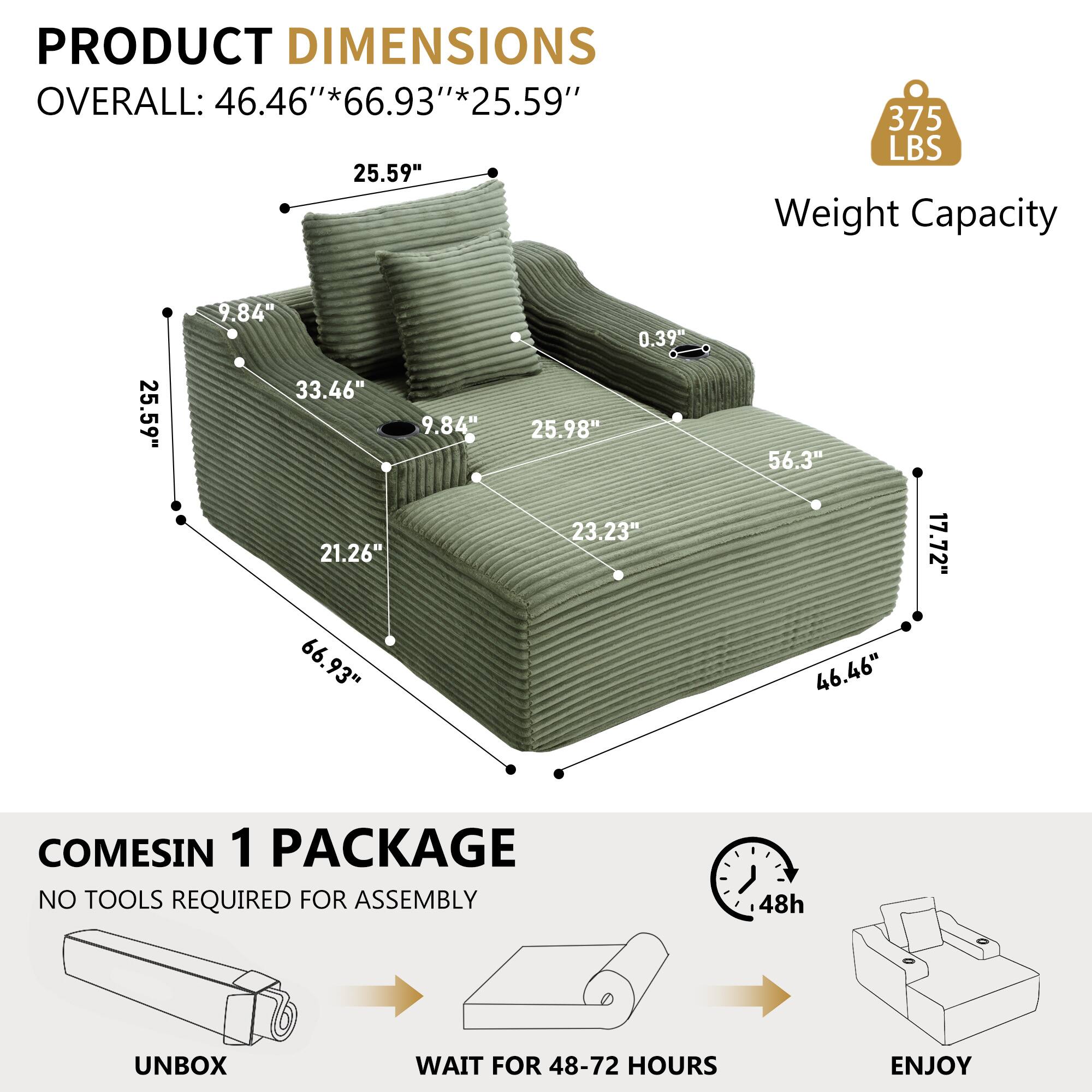 PRODUCT DIMENSIONS  
OVERALL: 46.46" * 66.93" * 25.59"  

Weight Capacity: 375 LBS  

COMES IN 1 PACKAGE  
NO TOOLS REQUIRED FOR ASSEMBLY  
UNBOX  
WAIT FOR 48-72 HOURS  
ENJOY