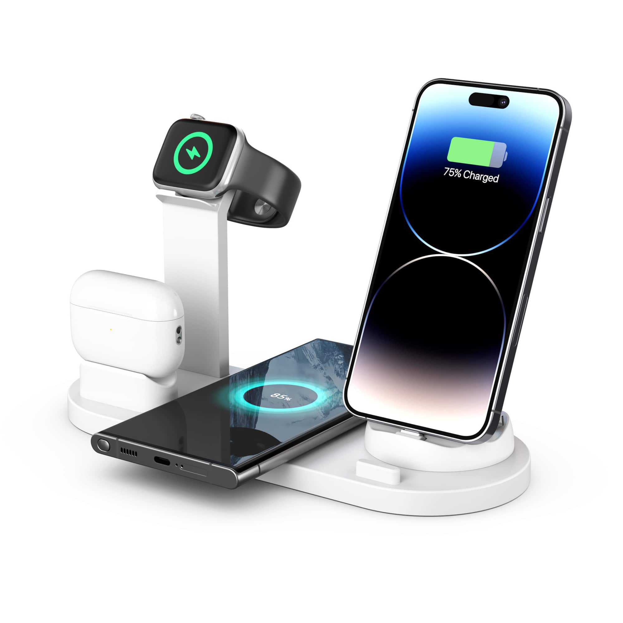 YONWAY - 4 in 1 Wireless Charger Stand Pad, Fast Charging Dock Station, Desk Phone Chargers for iPhone, Watches, Airpods - White