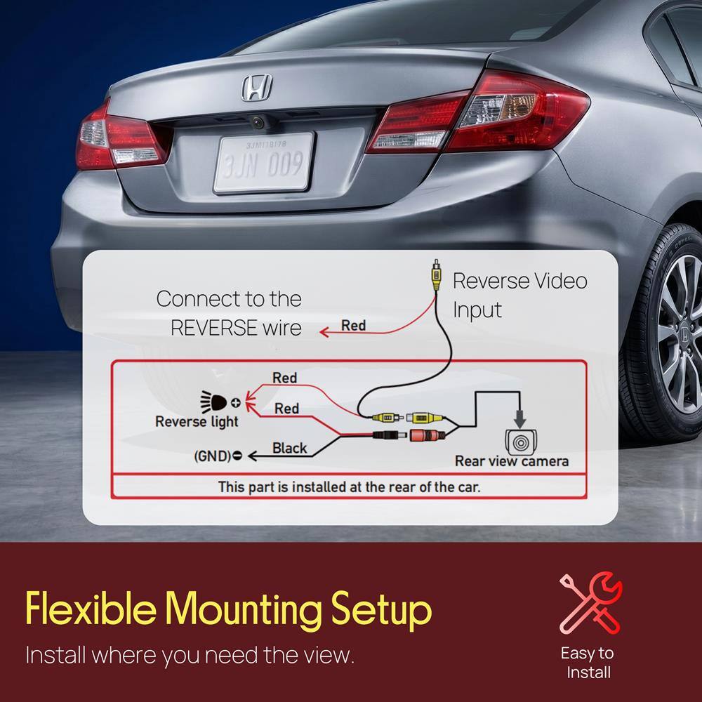 H 3JM118178 3JN 009

Connect to the REVERSE wire
- Red: Reverse Video Input
- Red: Reverse light (GND)
- Black: Rear view camera

This part is installed at the rear of the car.

Flexible Mounting Setup
Install where you need the view.

Easy to Install