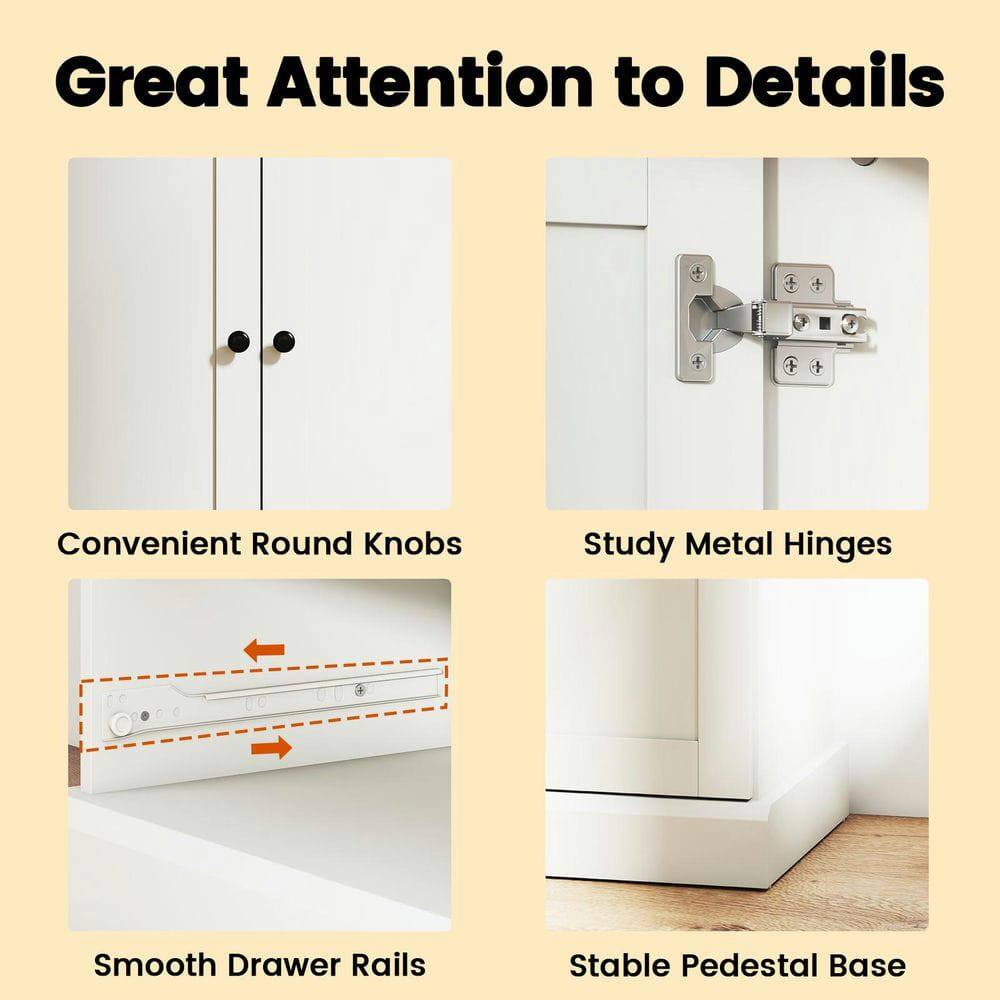 Great Attention to Details

- Convenient Round Knobs
- Study Metal Hinges
- Smooth Drawer Rails
- Stable Pedestal Base