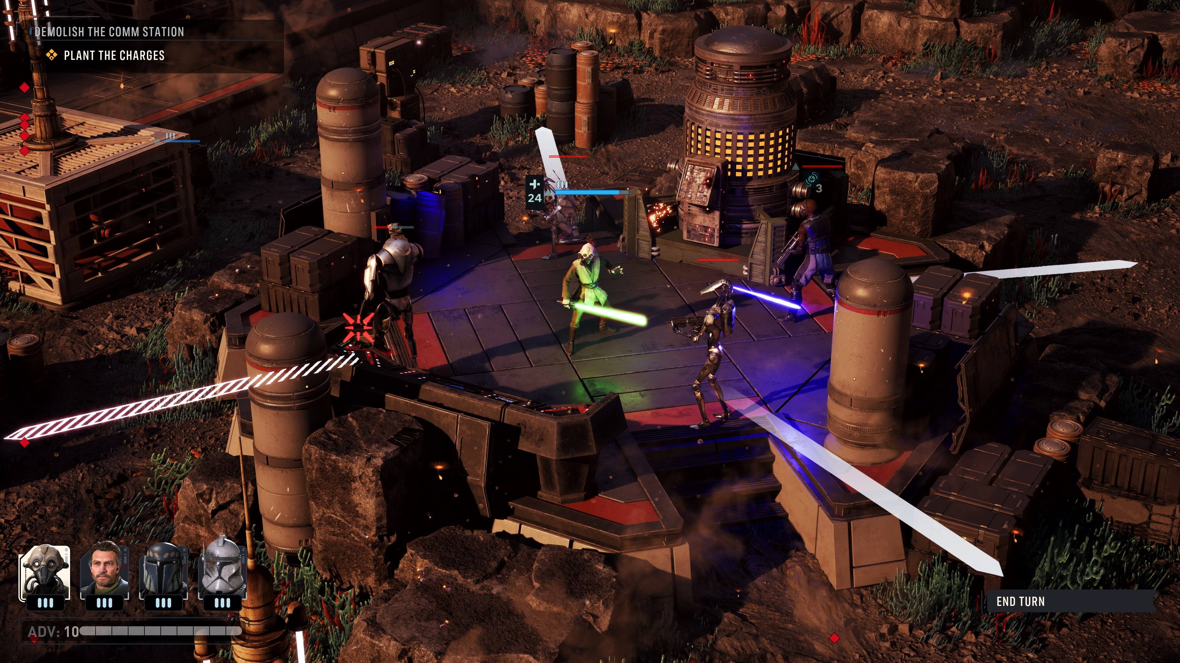 DEMOLISH THE COMM STATION  
PLANT THE CHARGES  
+ 24  
(G) 3  
END TURN  
ADV: 10