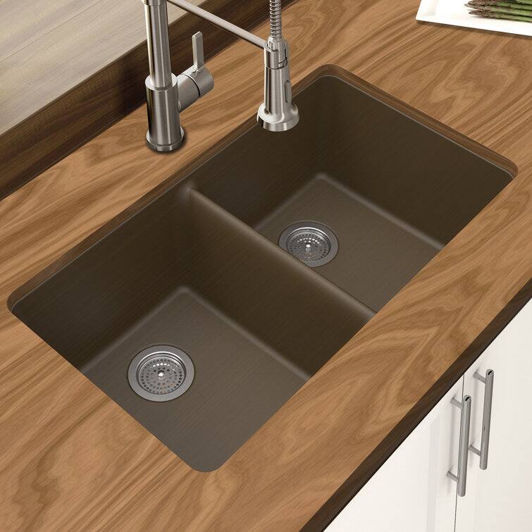 Angle. Winpro - Winpro Undermount Granite Composite 33 in. x 18-3/4 in. x 9-1/2 in. Double Equal Bowl Kitchen Sink in Mocha - Mocha.