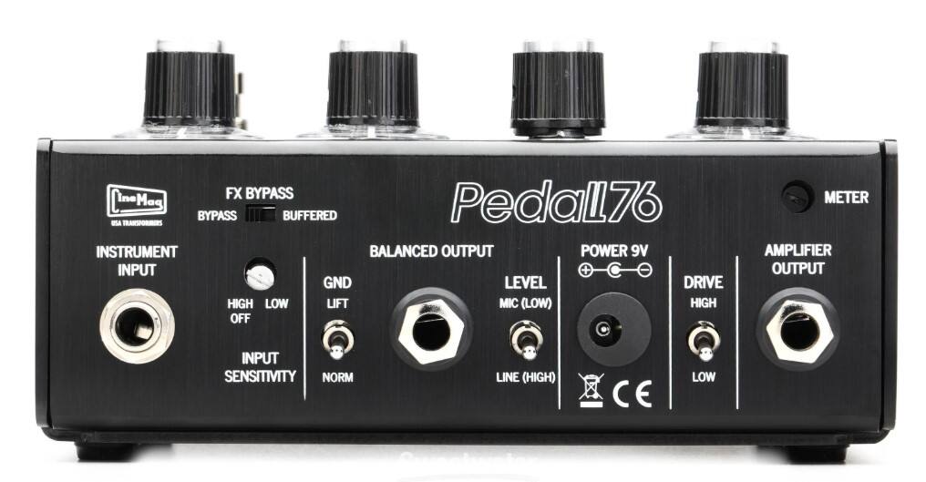 Ine FX Pedall76 Bypass Buffered USA Transformers Instrument Balanced Output Power 9V Input + I GND Level Drive High Low Lift Mic (Low) High Off Meter Amplifier Output Input Sensitivity Norm Line (High) CE Low
