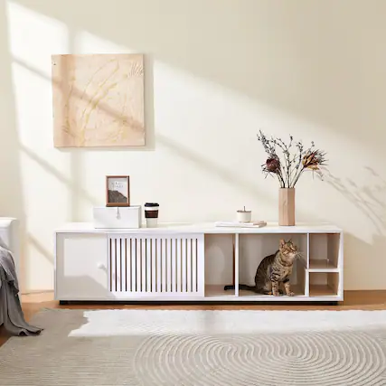 Front. Pefilos - 66" Modern Cat Litter Box Enclosure TV Stand with Storage and Removable Sliding Door Design, Multi-Functional Cat House.
