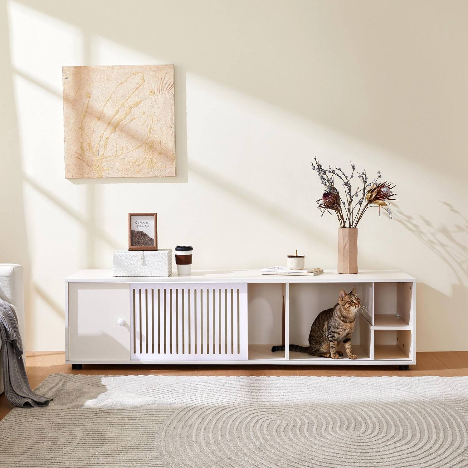 Front. Pefilos - 66" Modern Cat Litter Box Enclosure TV Stand with Storage and Removable Sliding Door Design, Multi-Functional Cat House.