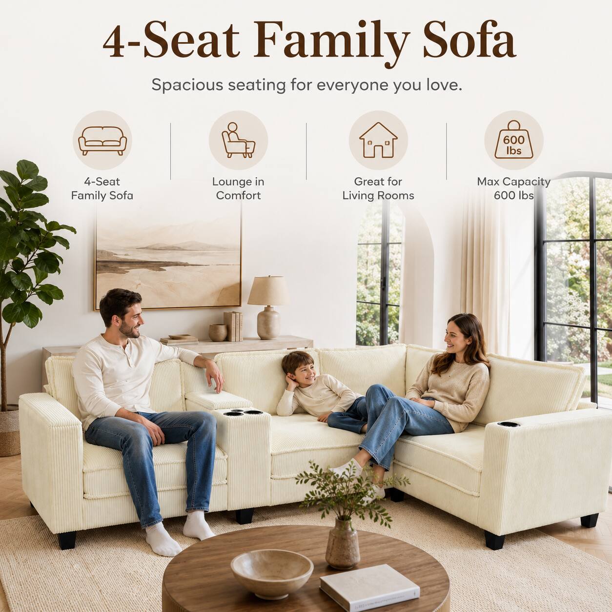 4-Seat Family Sofa: Spacious seating for everyone you love. 600 lbs. 4-Seat Family Sofa Lounge in Comfort Great for Living Rooms Max Capacity 600 lbs