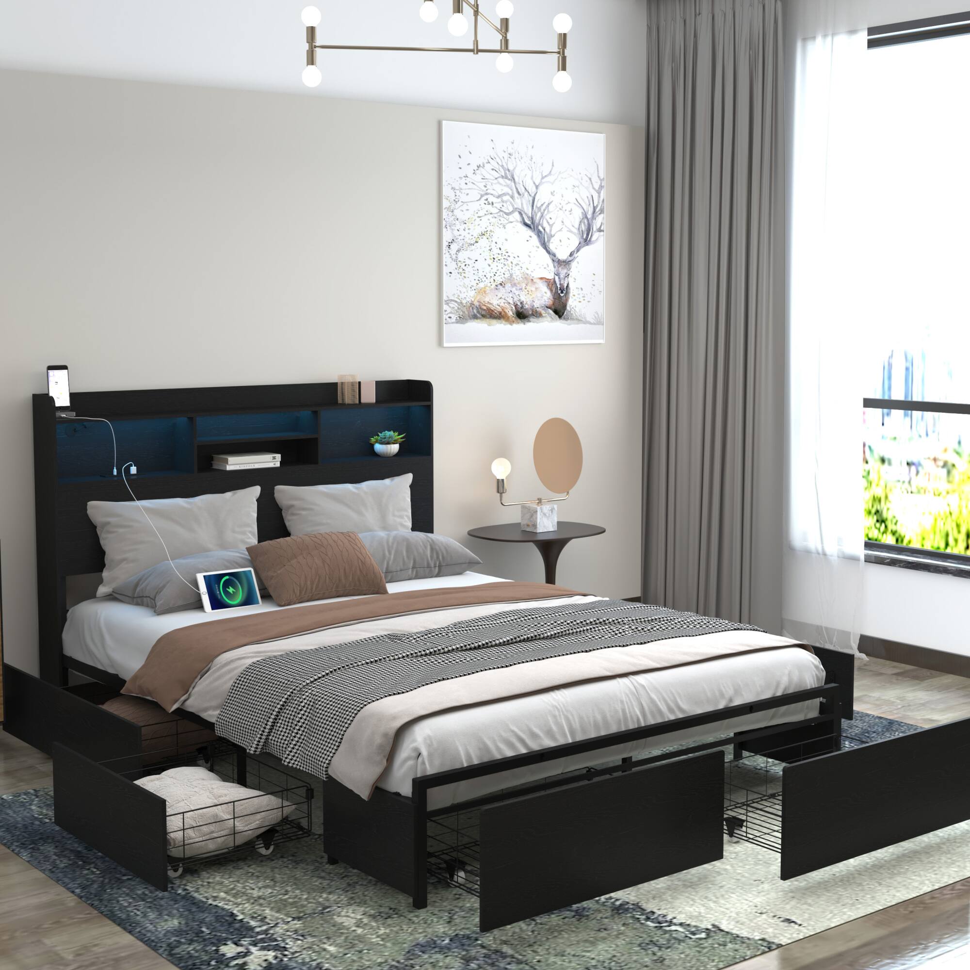 Angle. GOODSILO - Full Size Bed Frame with Storage Drawers, Headboard, Charging Station, and LED Lighting - Black.