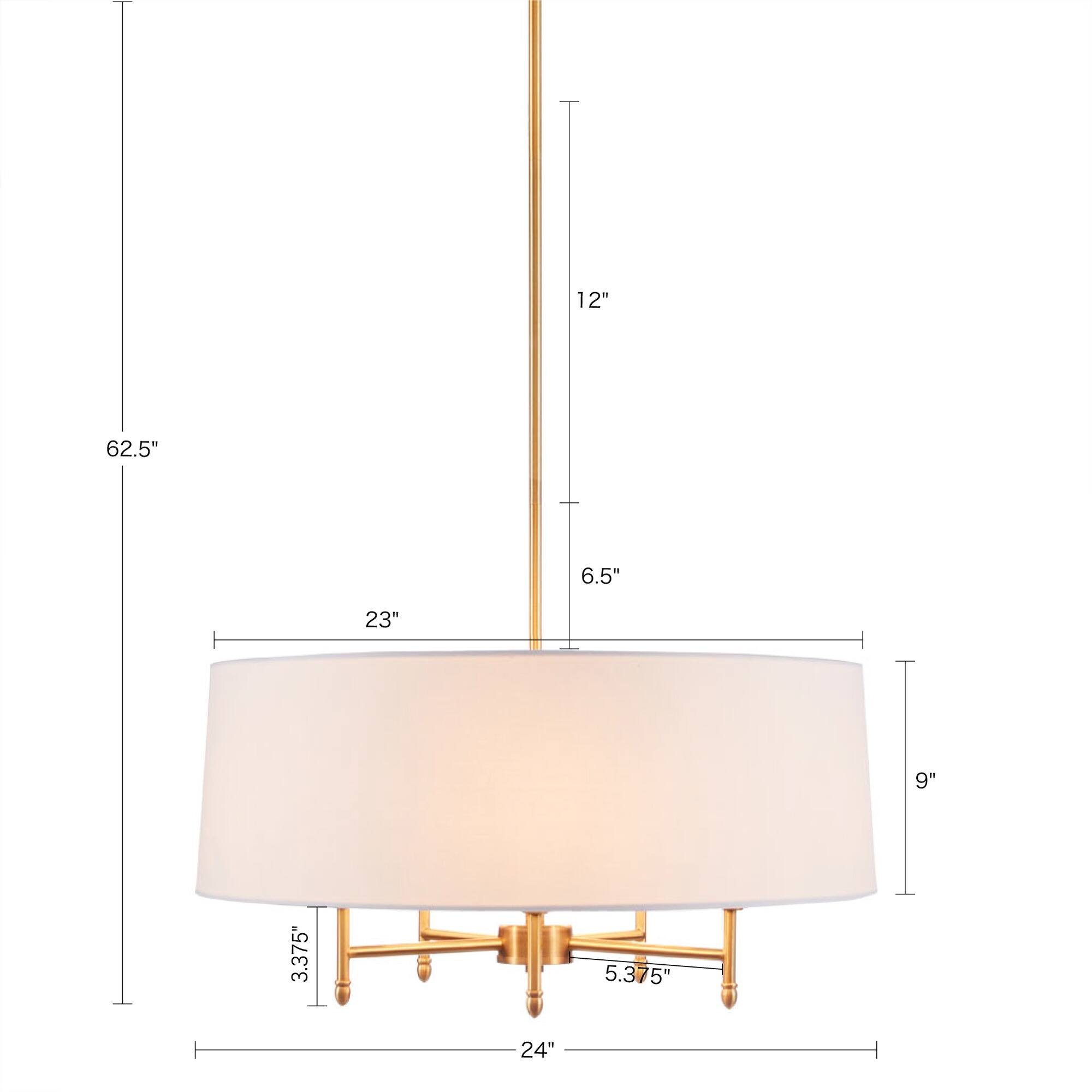 - Height: 62.5"
- Base Diameter: 24"
- Lampshade Width: 23"
- Lampshade Depth: 9"
- Lampshade Height: 6.5"
- Base Width: 5.375"
- Base Depth: 3.375"