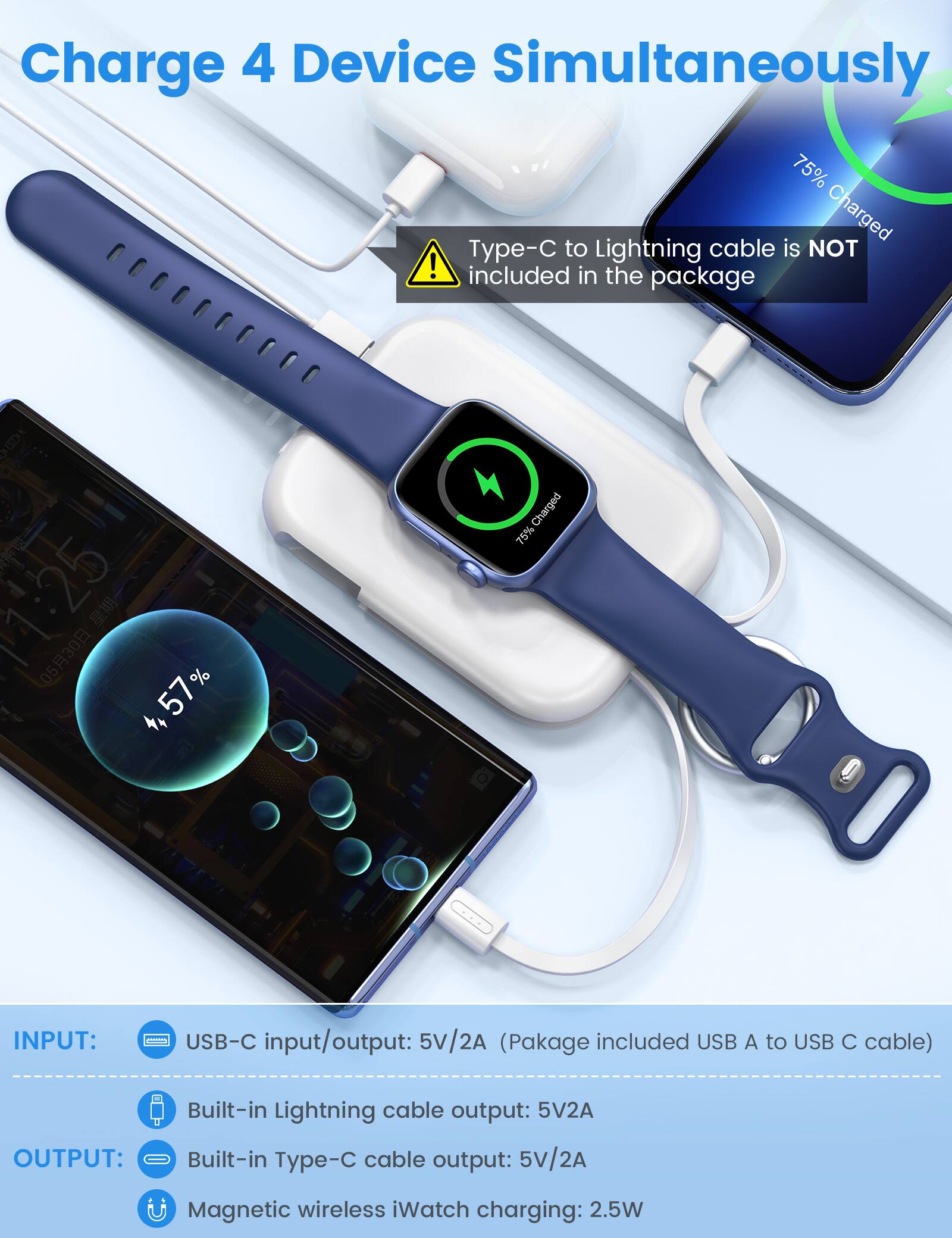 Charge 4 Device Simultaneously

Type-C to Lightning cable is NOT included in the package

11:25 0530 57%
Charged 75%

INPUT:
USB-C input/output: 5V/2A (Package included USB A to USB C cable)
Built-in Lightning cable output: 5V/2A

OUTPUT:
Built-in Type-C cable output: 5V/2A
Magnetic wireless iWatch charging: 2.5W