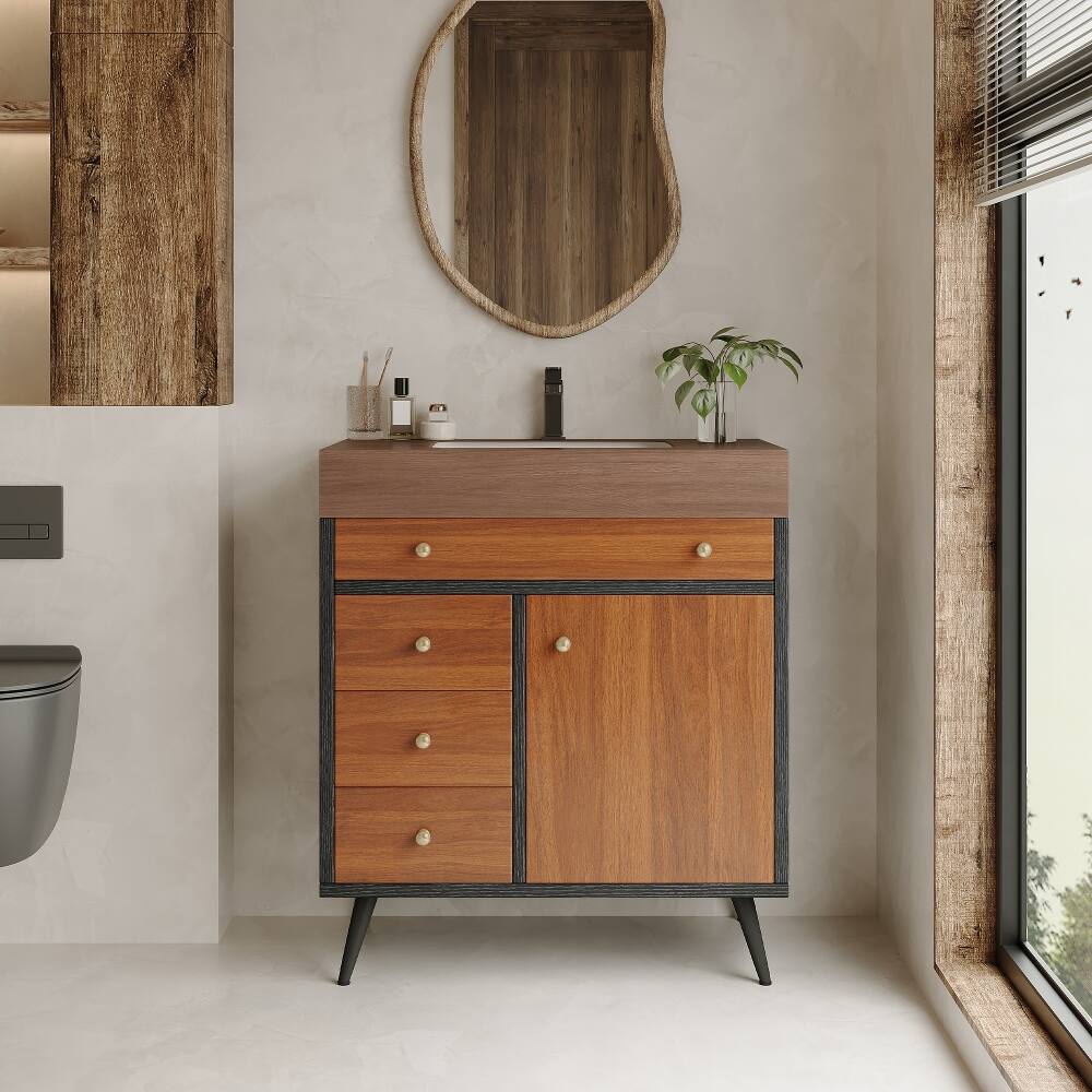 Front. Loheer - Loheer 30 inch bathroom vanity with sink Walnut Mid-Century Modern Freestanding Cabinet - Walnut.
