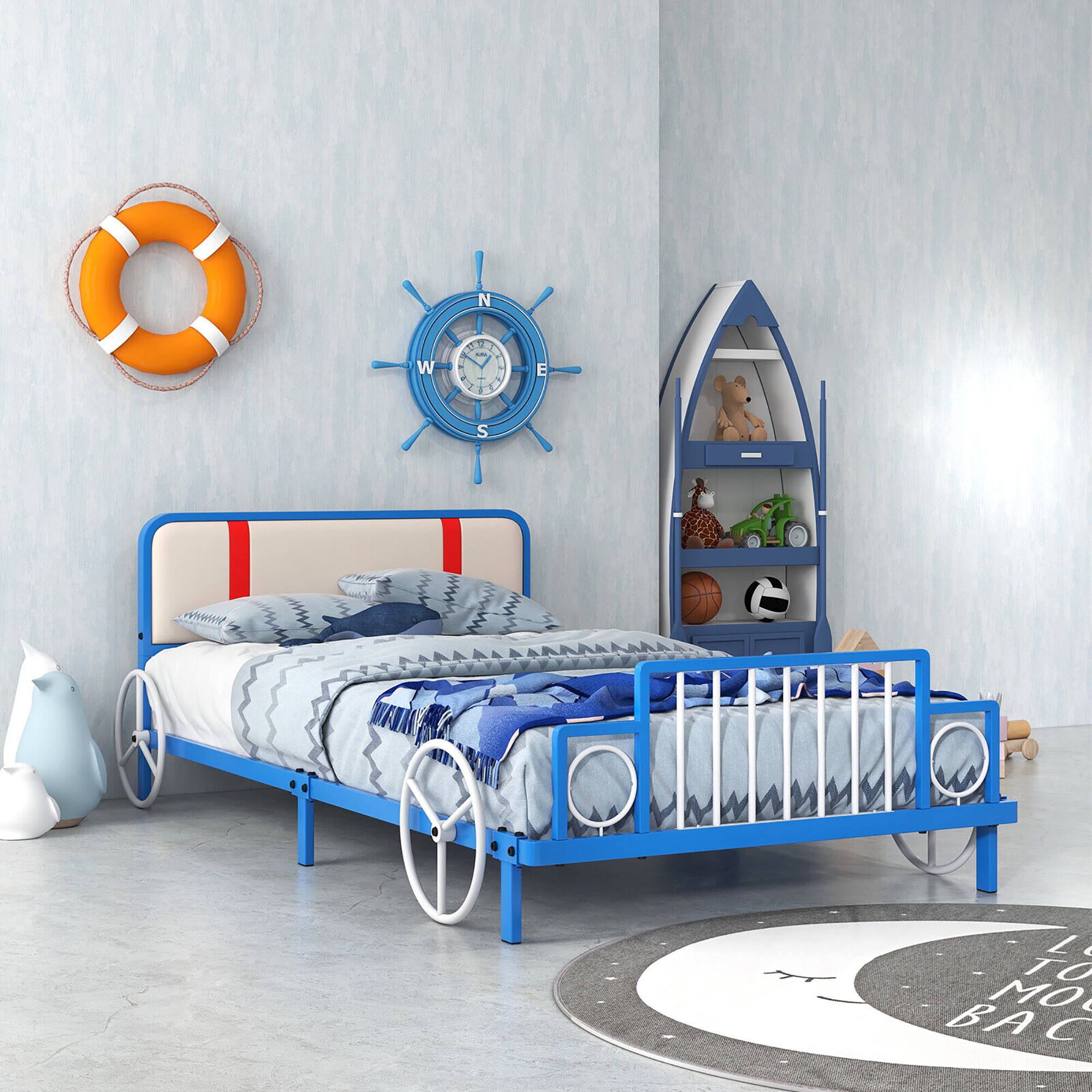 Alt View 1. Gymax - Gymax Twin Size Kids Bed Frame Car Shaped Metal Platform Bed w/ Upholstered Headboard - Blue, White.