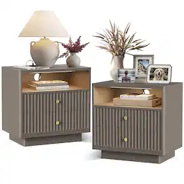 paproos - 23'' Fluted Nightstand Set of 2 with Charging Station, Modern Bedside Table with Motion Sensor LED Light & 2-Drawer - Brown Gray