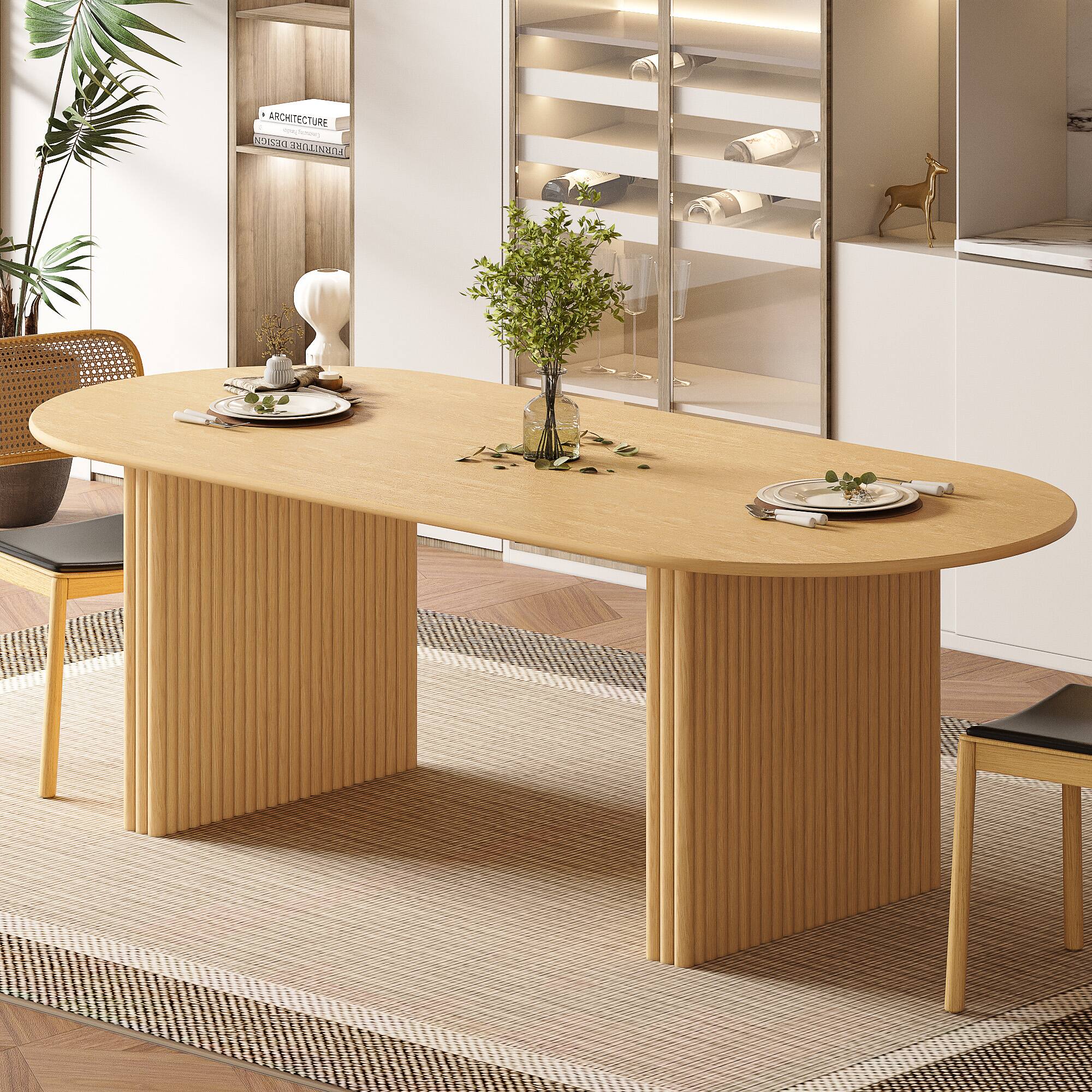 PexFix - Solid Oak Farmhouse Dining Table for 8, 79" Minimalist Oval Kitchen Table with Double Pedestal Base - Natural