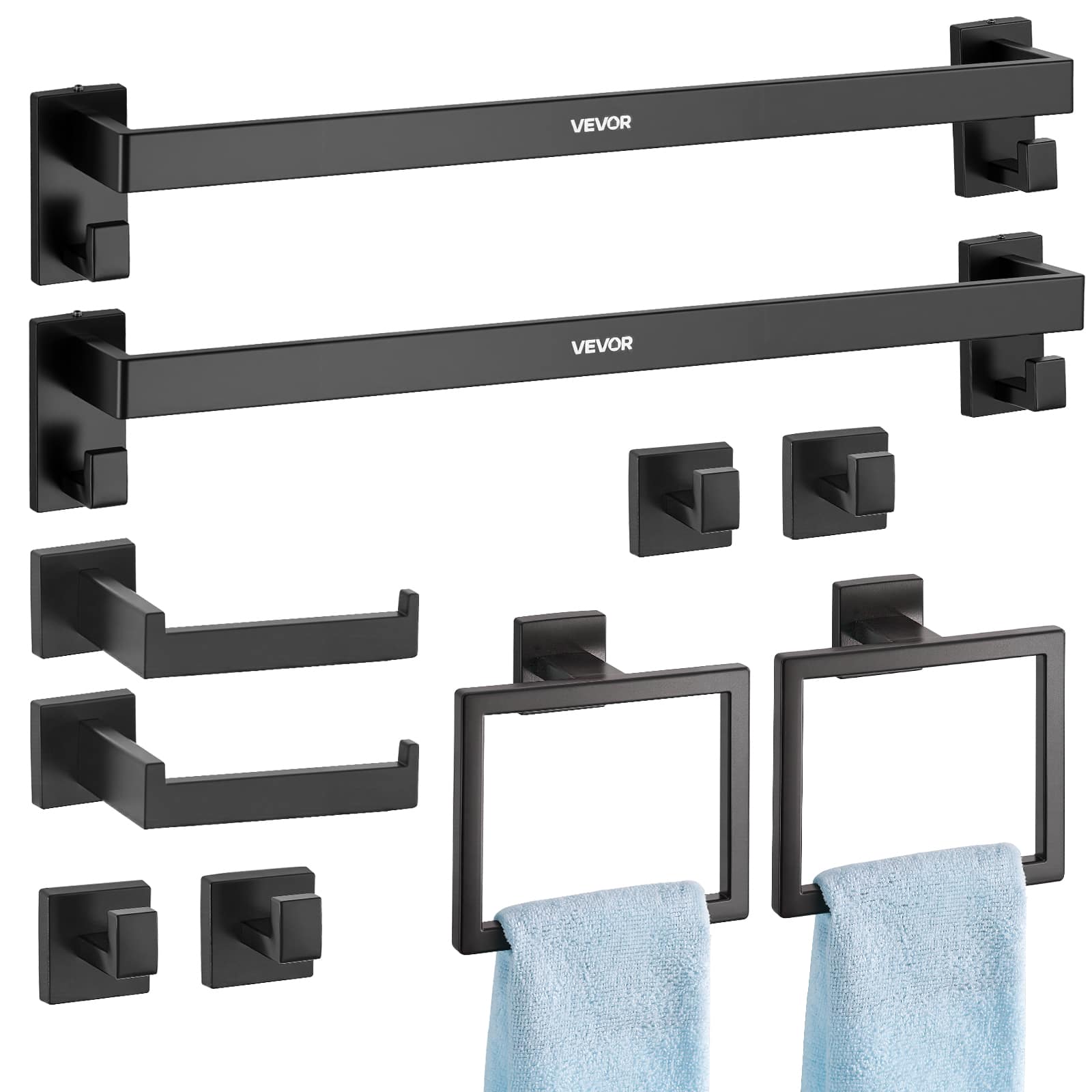 VEVOR - Matte Bathroom Hardware Set, 10-Piece Bathroom Accessories Set, 2 Stainless Steel 24-in Towel Bars, 2 Towel Racks - Black