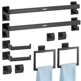 VEVOR - Matte Bathroom Hardware Set, 10-Piece Bathroom Accessories Set, 2 Stainless Steel 24-in Towel Bars, 2 Towel Racks - Black
