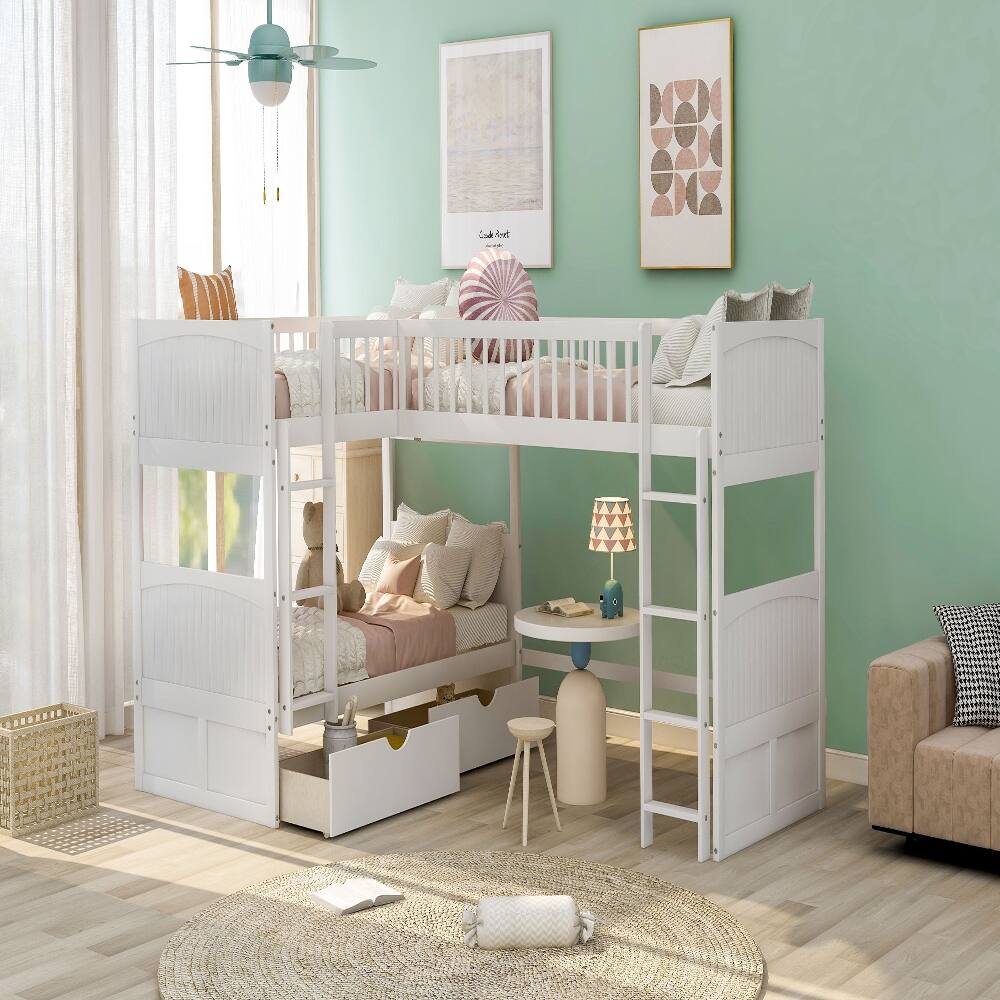 Back. Loheer - Loheer Twin Bunk Bed with Loft Attached, White Triple Bunk Bed with Drawers - White.