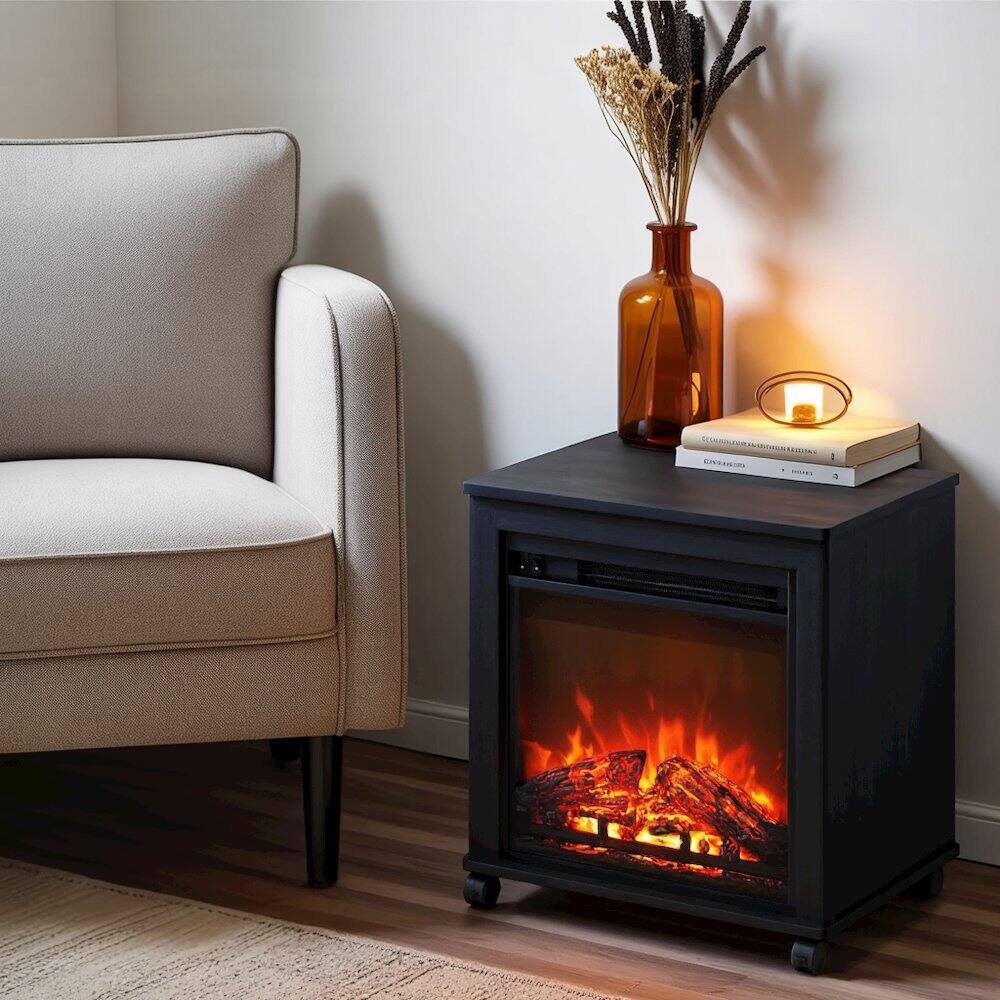 Alt View 4. FurniFact - Black Electric Fireplace End Table with Heater for Indoor Use on Wheels - Americano.