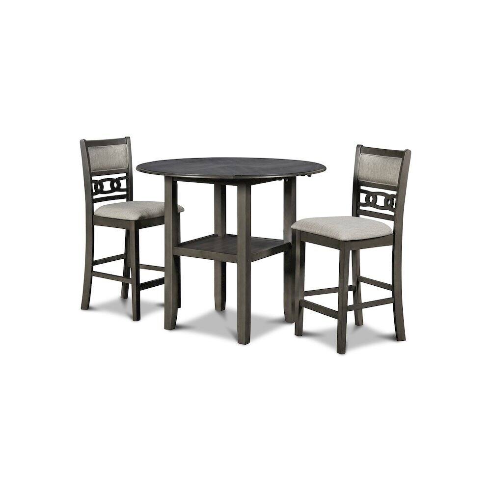 Front. FurniFact - Gray 3 Piece Drop Leaf Table and 2 Chairs, Small Round Dining Table Set - Grey.