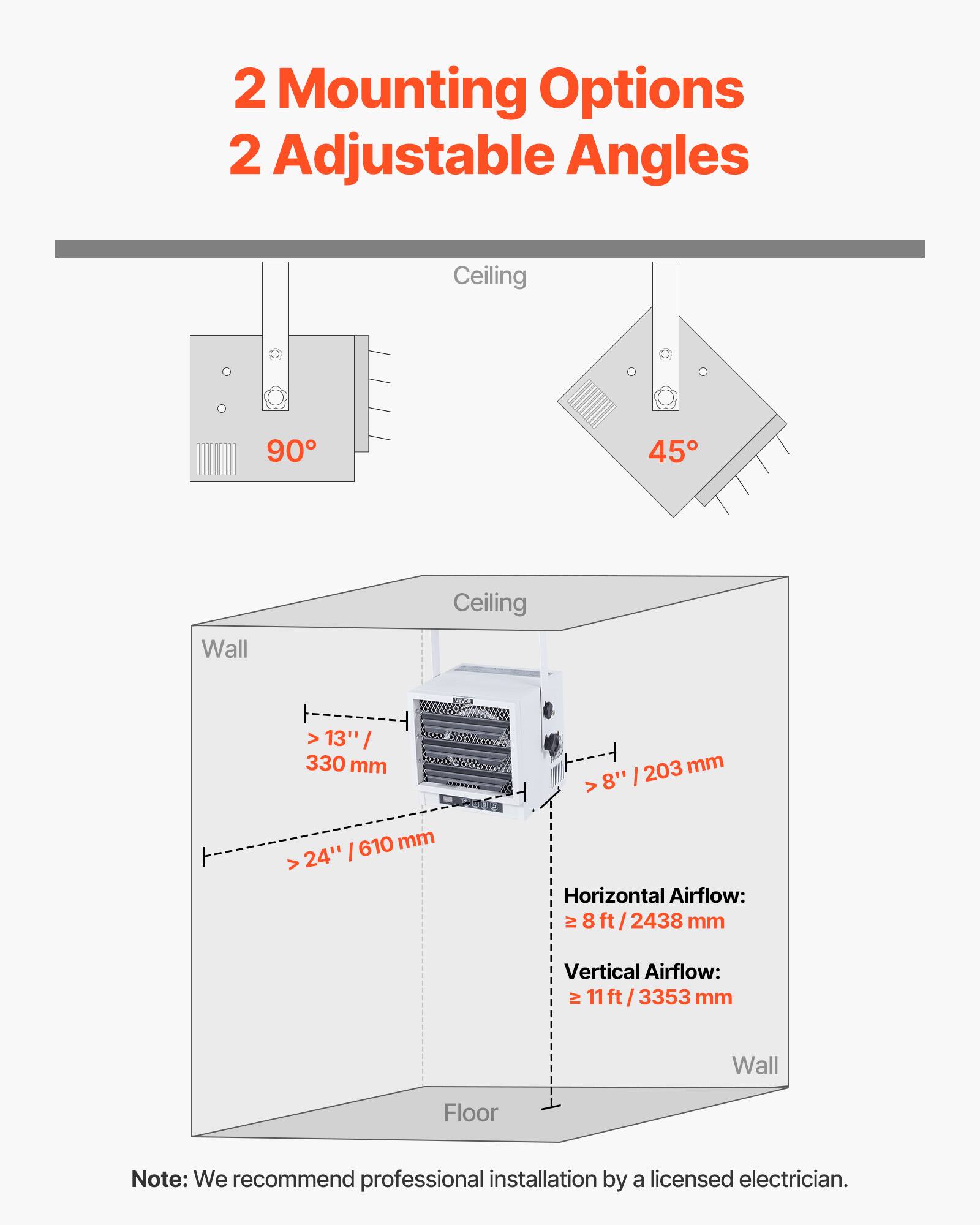 2 Mounting Options  
2 Adjustable Angles

Ceiling  
90°  
45°

Wall  
Ceiling  
> 13" / 330 mm  
> 8" / 203 mm  
> 24" / 610 mm

Horizontal Airflow: ≥ 8 ft / 2438 mm  
Vertical Airflow: ≥ 11 ft / 3353 mm

Note: We recommend professional installation by a licensed electrician.