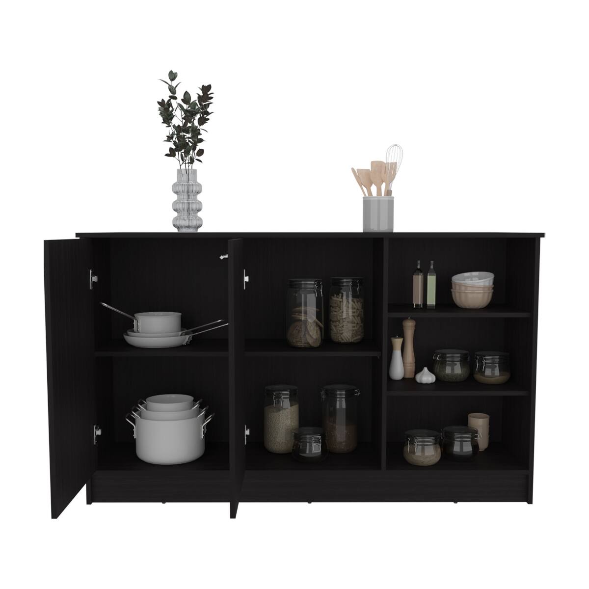 Alt View 4. Loheer - Loheer modern stationary kitchen island with two cabinets and 59in countertop - Black.