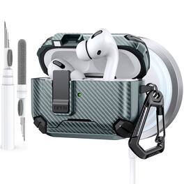 Dteck - Case for Airpods Pro 2nd Gen (2022) with Magnetic Lock,Compatible with Mag Safe,Carbon Fiber Texture Cover + Carabiner - Green