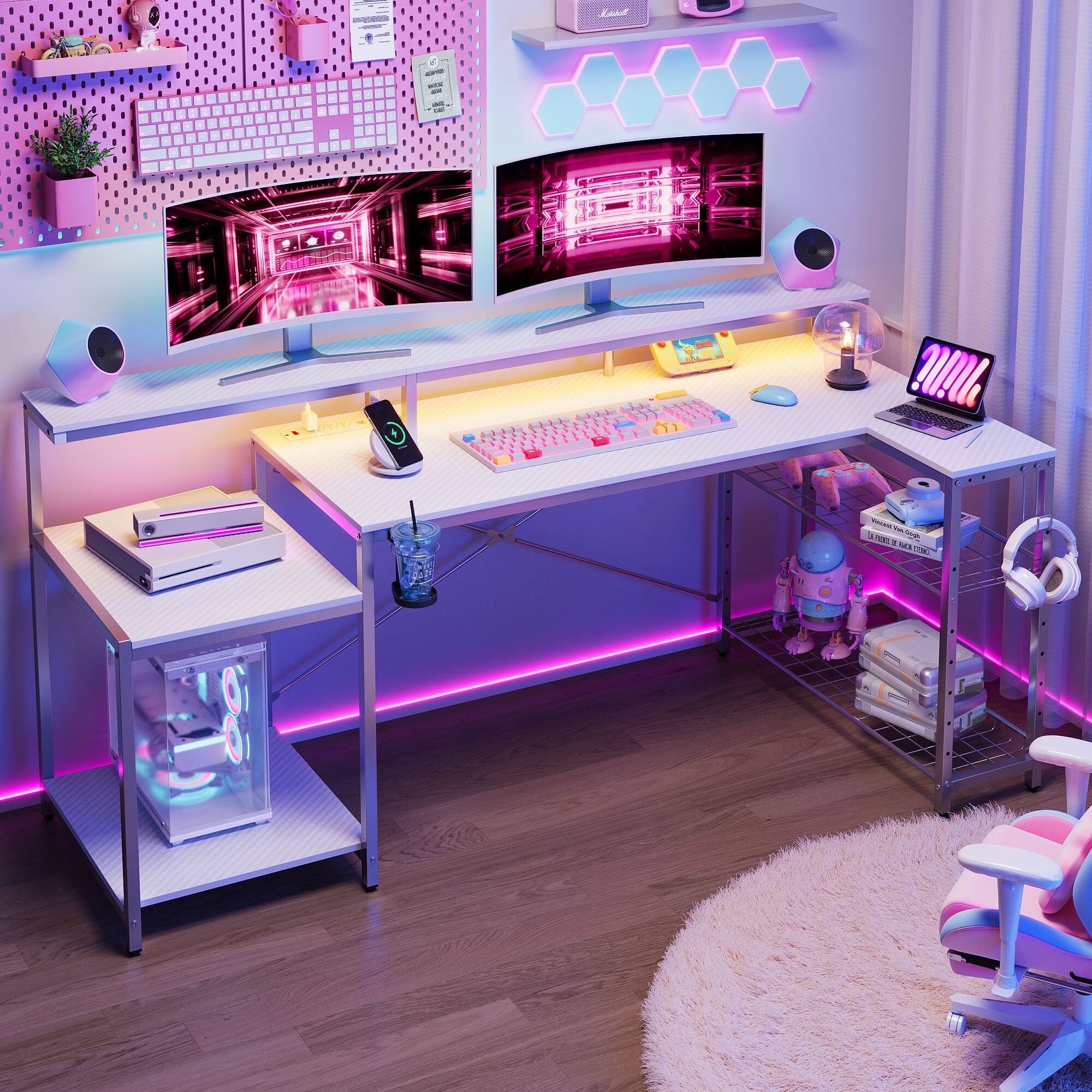 I am a computer desk with a keyboard and mouse on it. There are also two monitors on the desk, and a laptop nearby. The desk is situated in a room with a rug and a chair. Additionally, there are several books and a potted plant in the room.