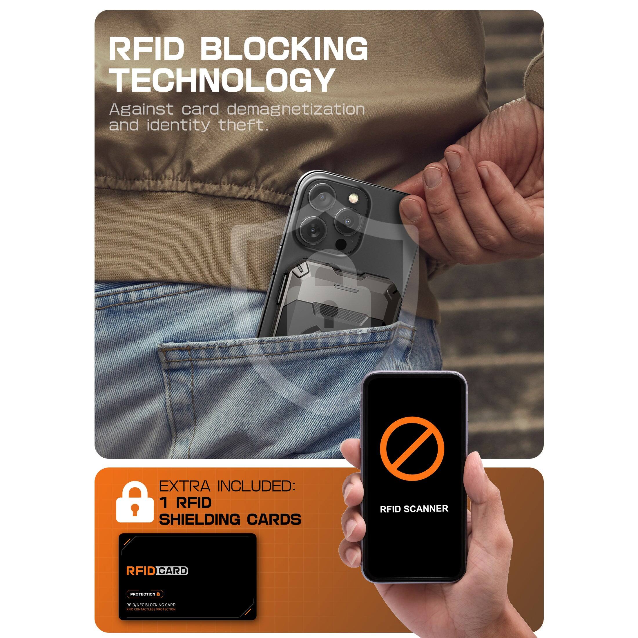 RFID BLOCKING TECHNOLOGY  
Against card demagnetization and identity theft.

EXTRA INCLUDED:  
1 RFID SHIELDING CARDS

RFID SCANNER