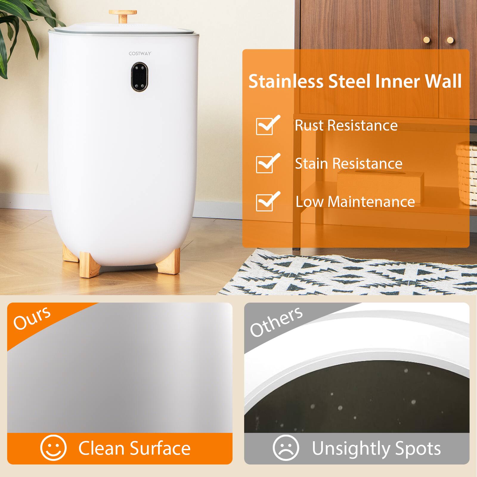 Stainless Steel Inner Wall  
- Rust Resistance  
- Stain Resistance  
- Low Maintenance  

Ours  
- Clean Surface  

Others  
- Unsightly Spots