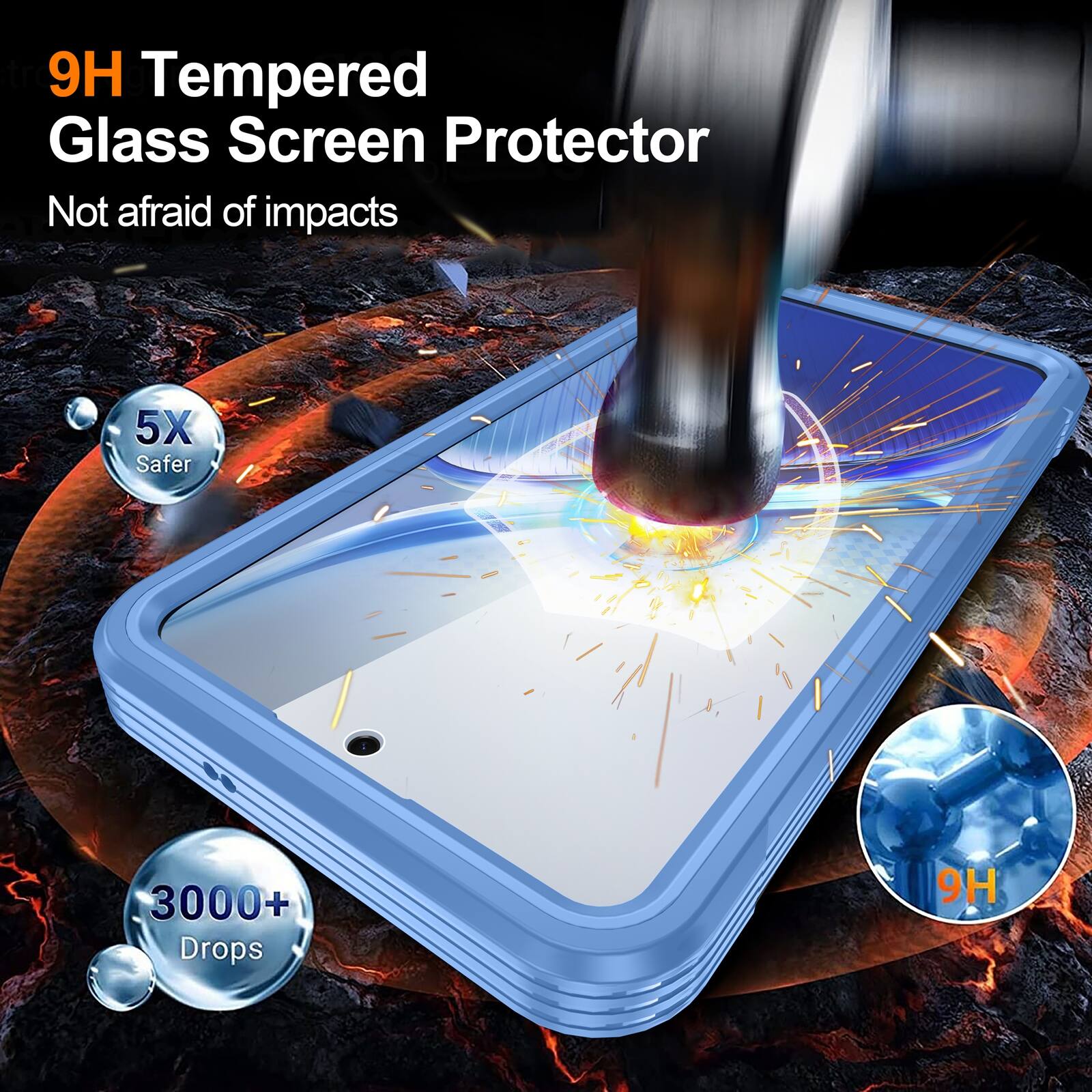 9H Tempered Glass Screen Protector  
Not afraid of impacts  
5X Safer  
3000+ Drops  
9H