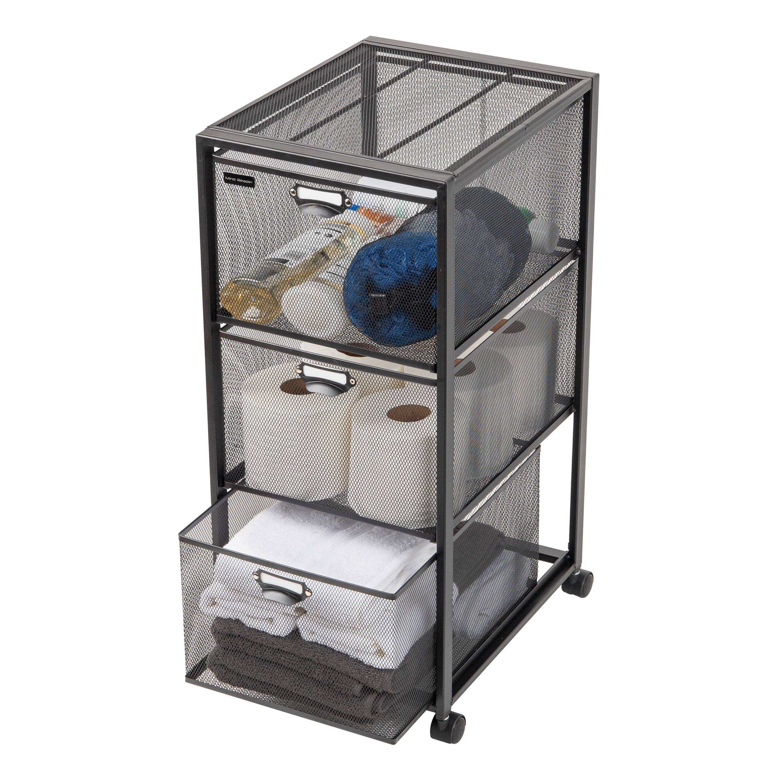 Online Black Metal Storage Cart with Mesh Drawer and Wood Top