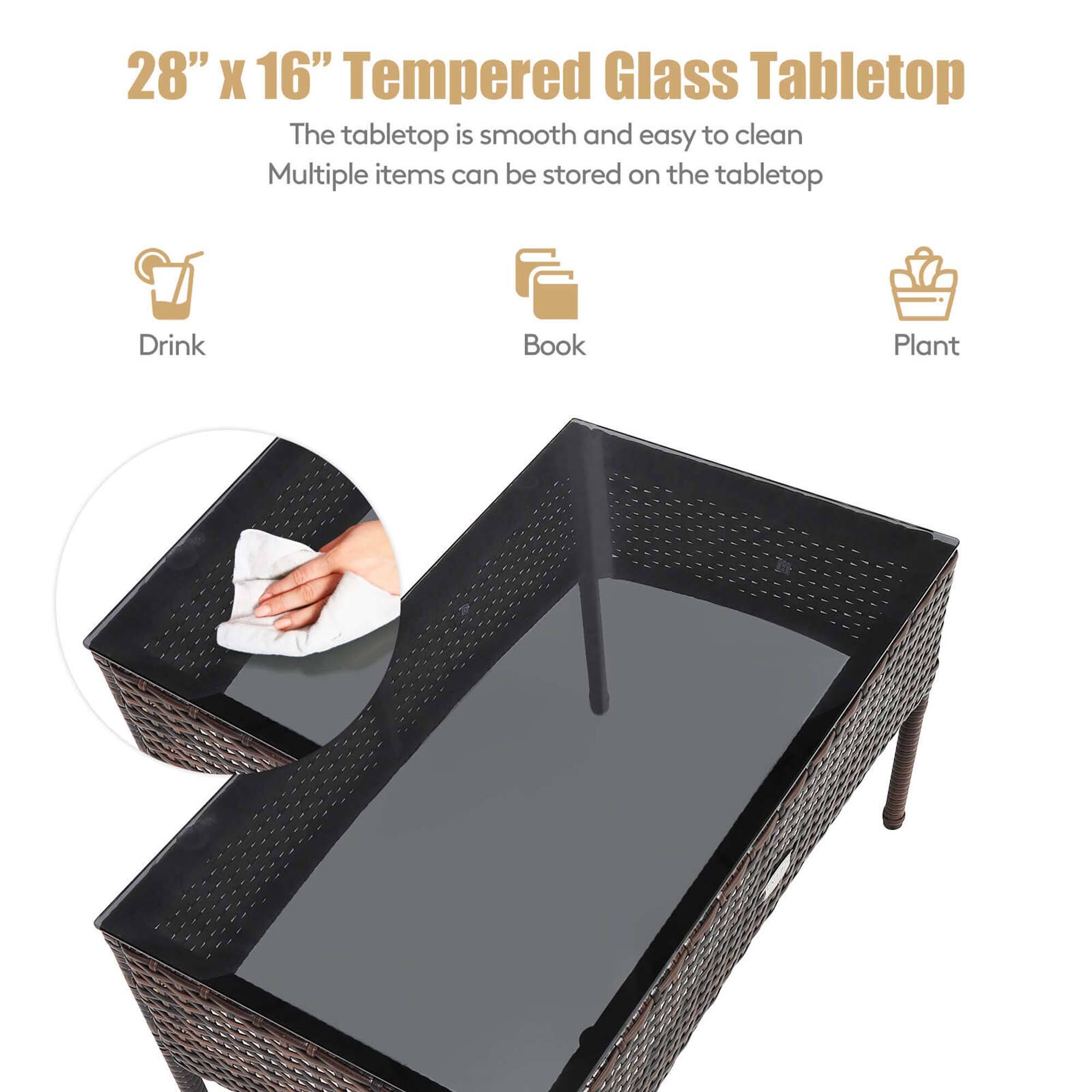 28" X 16" Tempered Glass Tabletop

The tabletop is smooth and easy to clean

Multiple items can be stored on the tabletop

Drink
Book
Plant