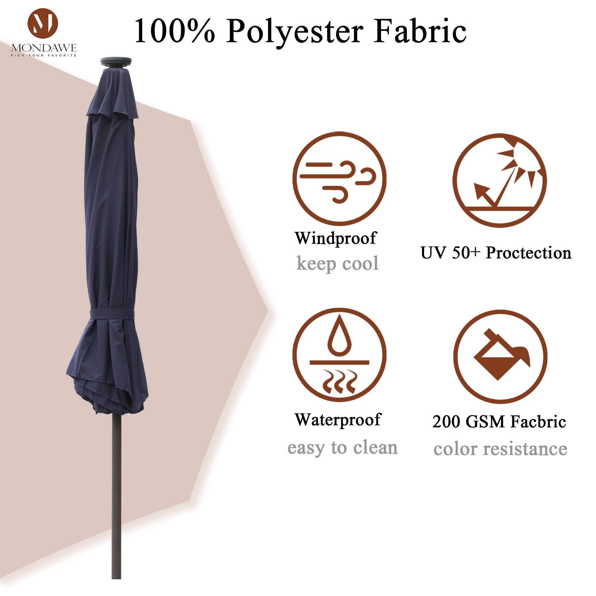 M MONDAWE ........ ..RiT.  
100% Polyester Fabric  
Windproof keep cool  
UV 50+ Protection  
Waterproof easy to clean  
200 GSM Fabric color resistance