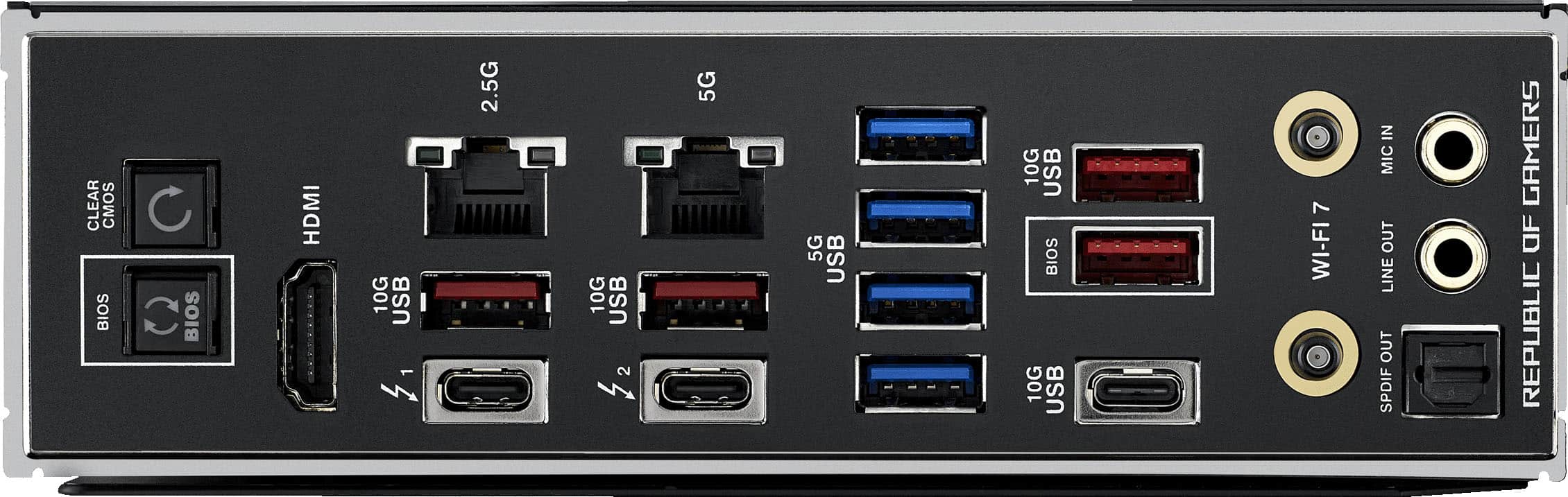 The text on the image reads: "CLEAR CMOS BIOS C C BIOS HDMI 10G USB 2.5G 10G USB 2 V 5G 5G USB 10G USB BIOS 10G USB 7 WI-FI IN MIC OUT LINE OUT SPDIF GAMERS OF REPUBLIC."