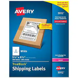 Avery - TrueBlock Laser Shipping Labels, 5 1/2" x 8 1/2", 2 Labels/Sheet, 250 Sheets/Pack - Matte White